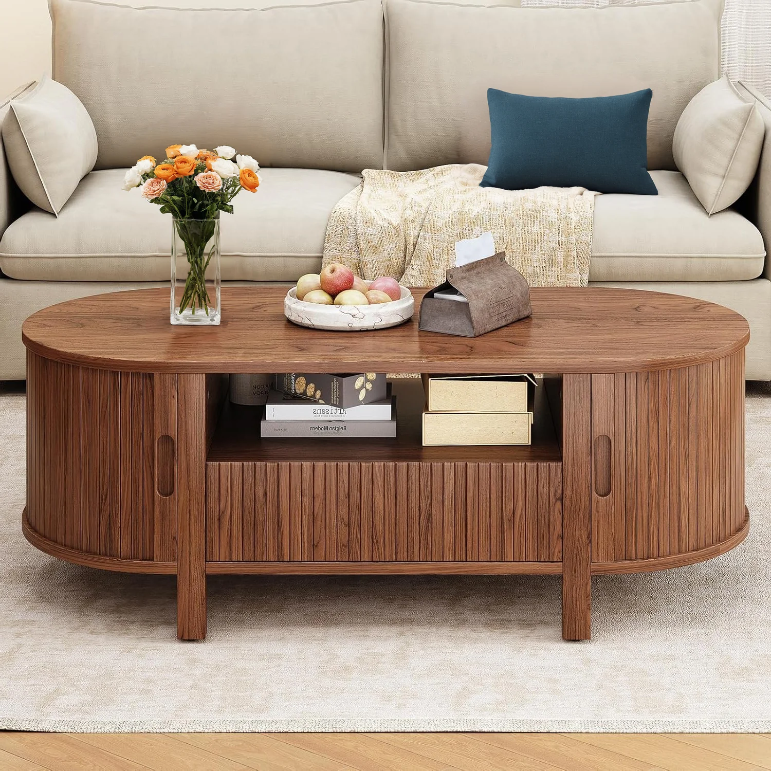 Minimalist Oval Coffee Table Living Room Table 47 Inch Center Table with Storage Sliding Door and Curved EdgeOval Coffee Table Living Room Table 47 Inch Center Table with Storage Sliding Door and Curved Edge Artisan