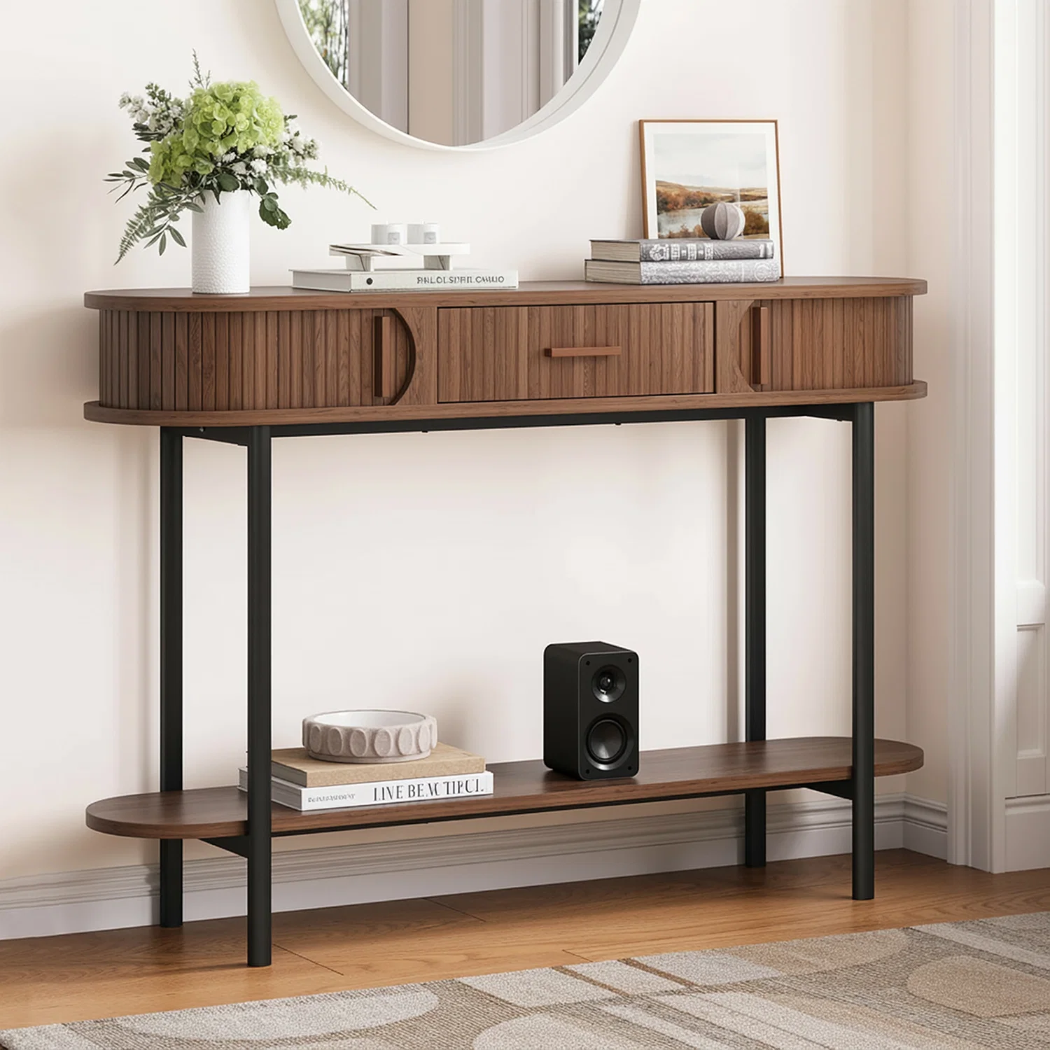 Authentic Discontinued 47.2 Narrow Console Table Fluted Entryway Table with Drawers Sliding Doors and Storage Shelf for Living Room Hallway Behind Couch Discontinued 47.2 Narrow Console Table Fluted Entryway Table with Drawers Sliding Doors and Storage Shelf for Living Room Hallway Behind Couch Advanced