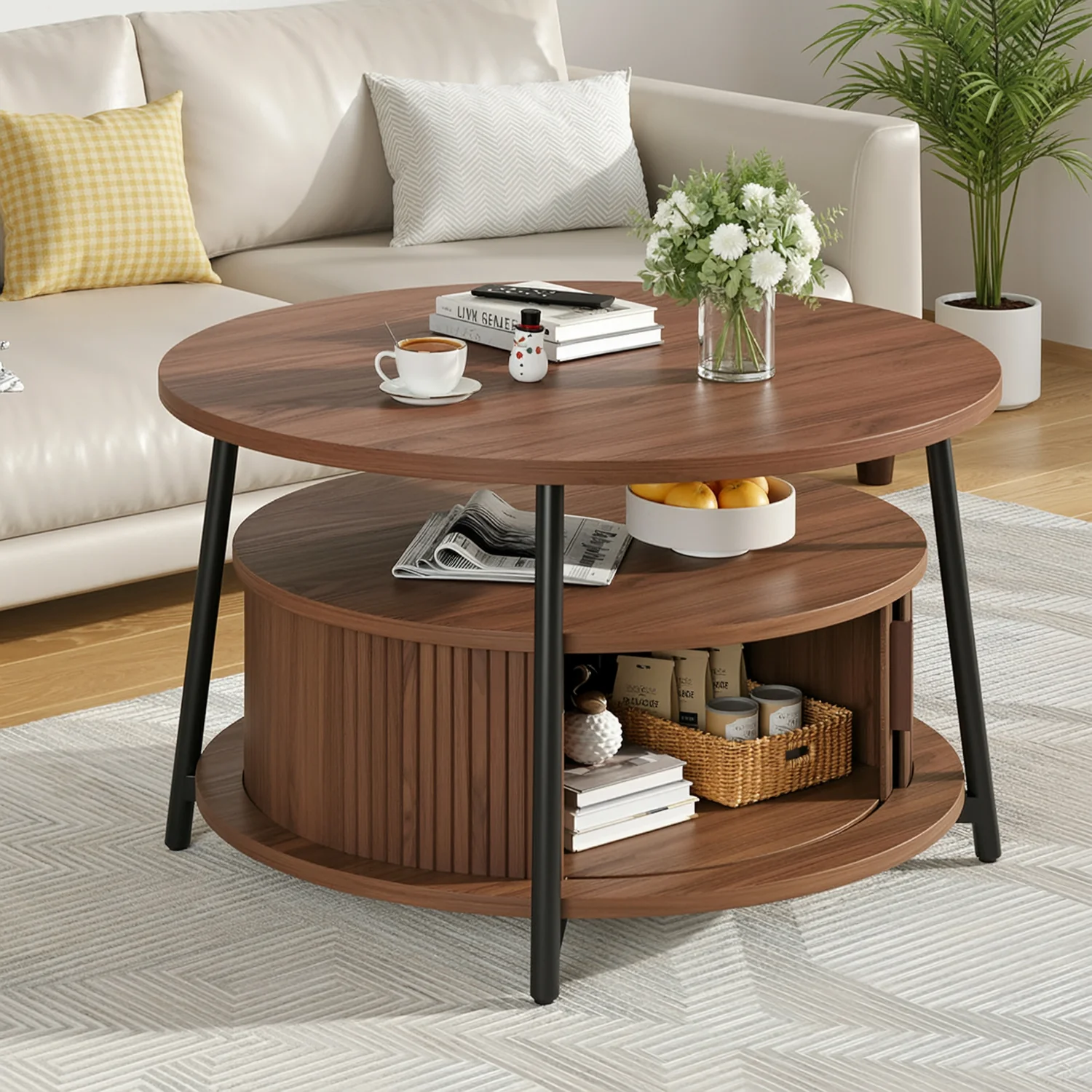 Authentic Discontinued Round Coffee Table with Storage 31 Inch Fluted Center Table with Sliding Doors and Metal Legs Discontinued Round Coffee Table with Storage 31 Inch Fluted Center Table with Sliding Doors and Metal Legs Clean