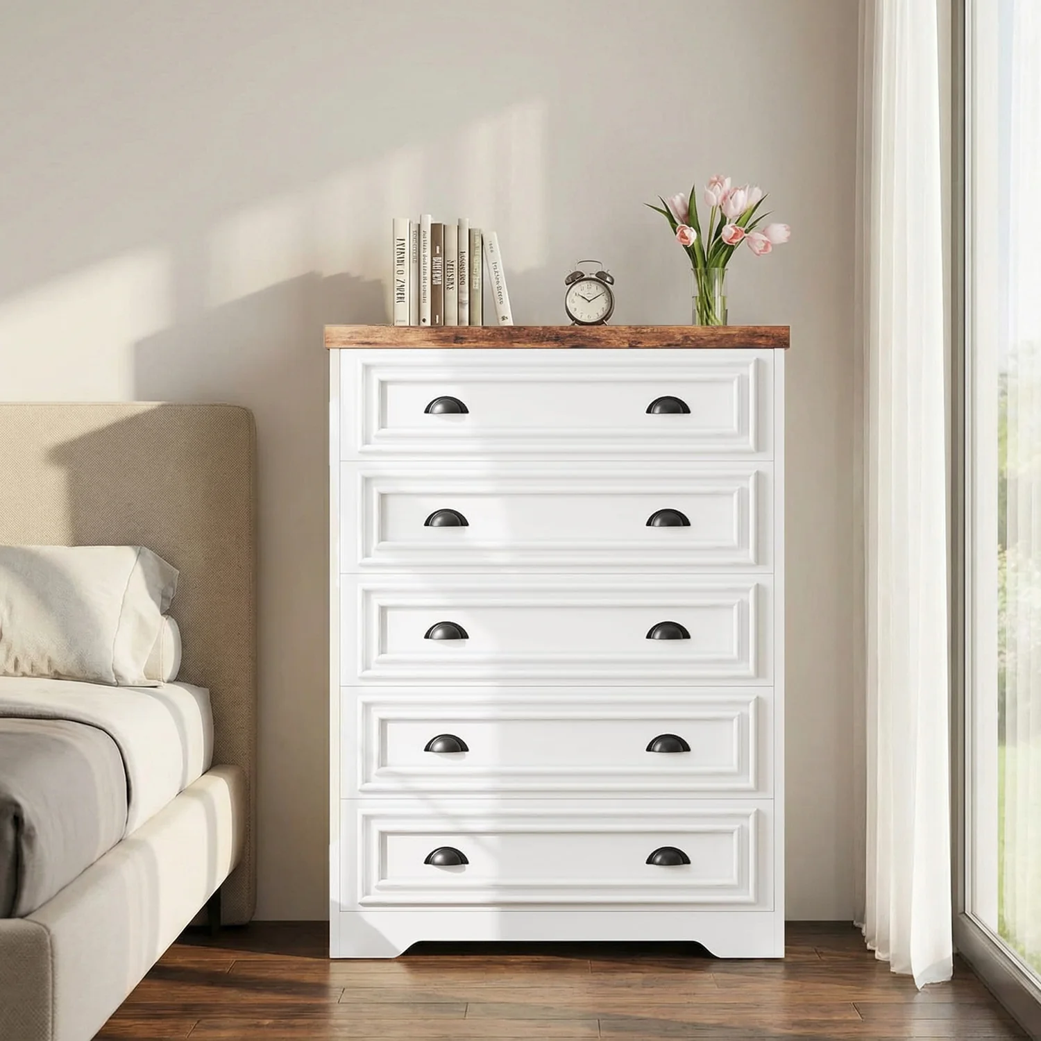 Consistent 43 Farmhouse 5-Drawer Bedroom Dresser with Power Strip43 Farmhouse 5-Drawer Bedroom Dresser with Power Strip Casual