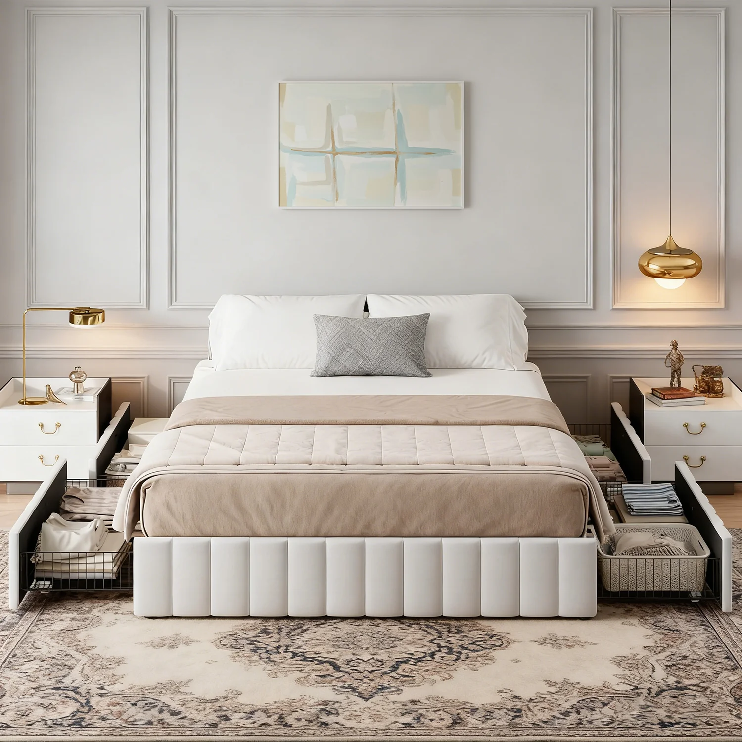 Lightweight Velvet Upholstered Platform Bed with 4 Storage Drawers Tufted HeadboardVelvet Upholstered Platform Bed with 4 Storage Drawers Tufted Headboard Prestigious