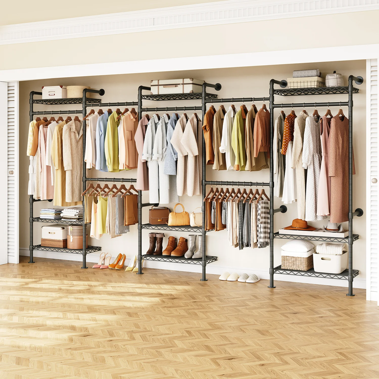 Practical Wall Mounted Closet System Industrial Pipe Clothing Rack with 4 Adjustable Rods and 9 Wire Shelves Walk-in Closet OrganizerWall Mounted Closet System Industrial Pipe Clothing Rack with 4 Adjustable Rods and 9 Wire Shelves Walk-in Closet Organizer Premium Material