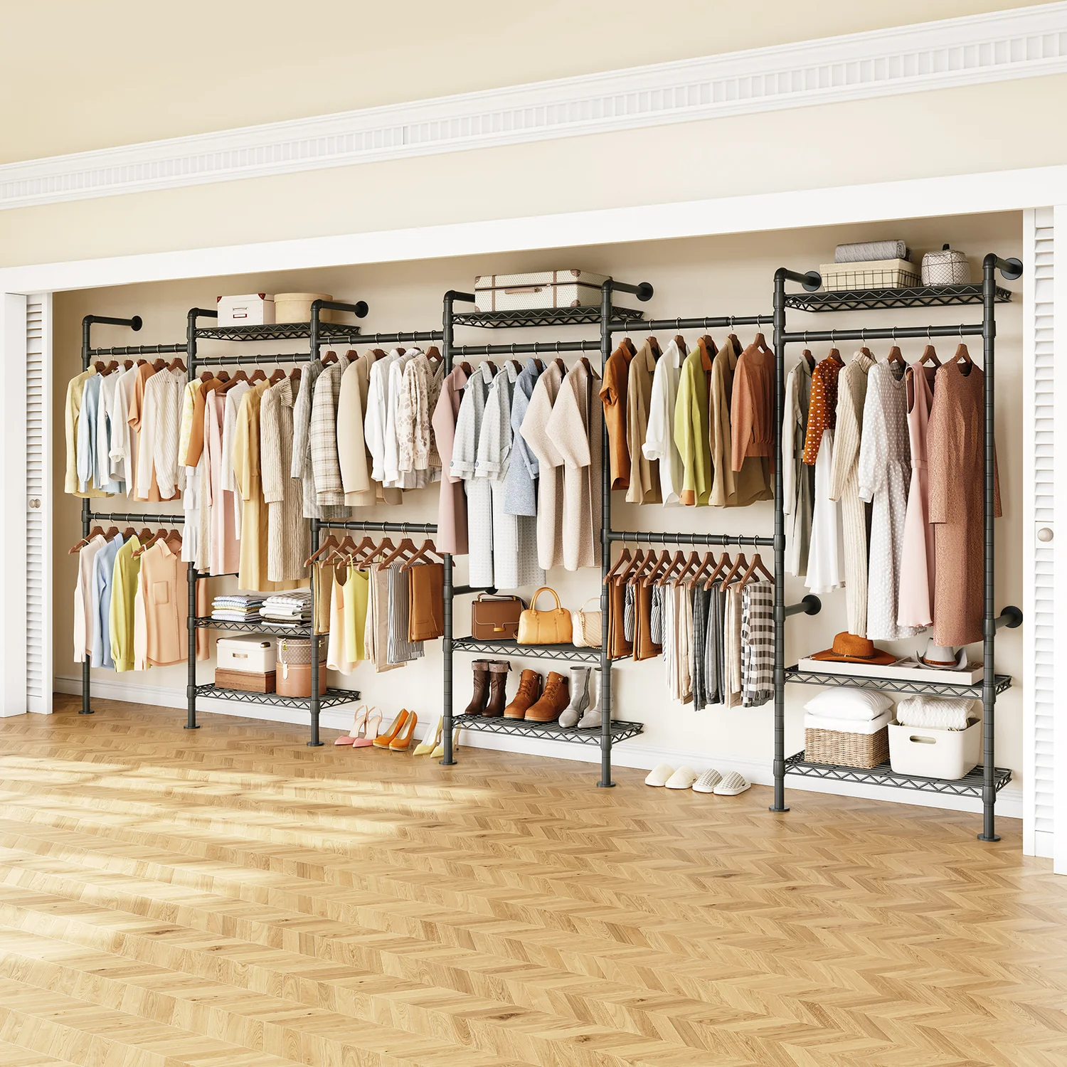 Secure Wall Mounted Closet System Industrial Pipe Clothes Rack with 6 Adjustable Rods and 9 Wire Shelves Clothing Racks for Hanging ClothesWall Mounted Closet System Industrial Pipe Clothes Rack with 6 Adjustable Rods and 9 Wire Shelves Clothing Racks for Hanging Clothes User-Friendly