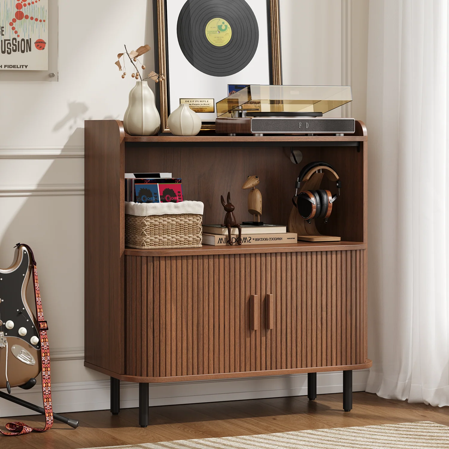 Lightweight Record Player Stand with Vinyl Storage Up to 300 Albums Turntable Stand with Sliding Doors Charging Station Metal DividerRecord Player Stand with Vinyl Storage Up to 300 Albums Turntable Stand with Sliding Doors Charging Station Metal Divider Comfortable