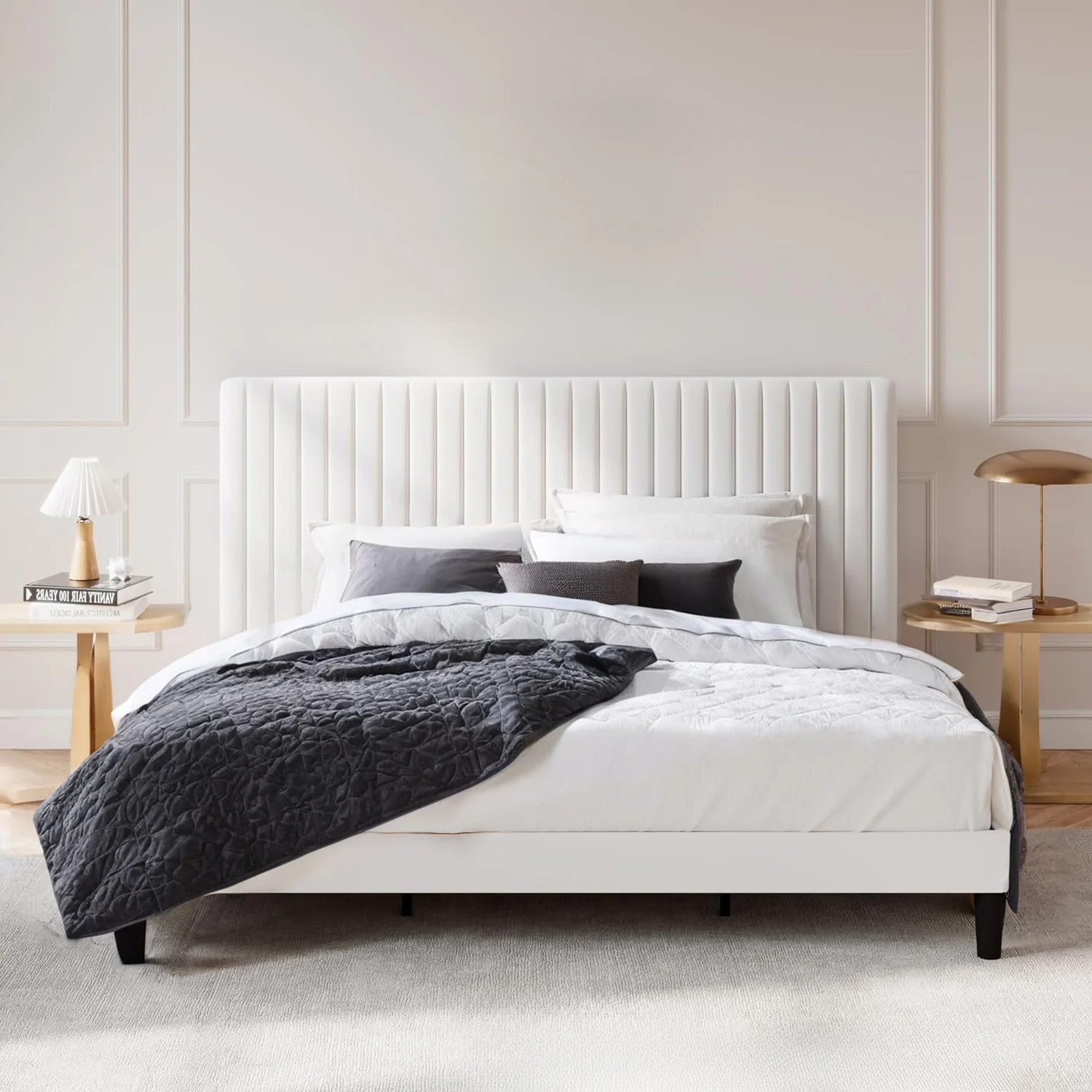 Long-Lasting Velvet Upholstered Platform Bed Frame with Vertical Line Tufted Wingback Headboard Strong Wooden Slats and No Box Spring NeededVelvet Upholstered Platform Bed Frame with Vertical Line Tufted Wingback Headboard Strong Wooden Slats and No Box Spring Needed Practical