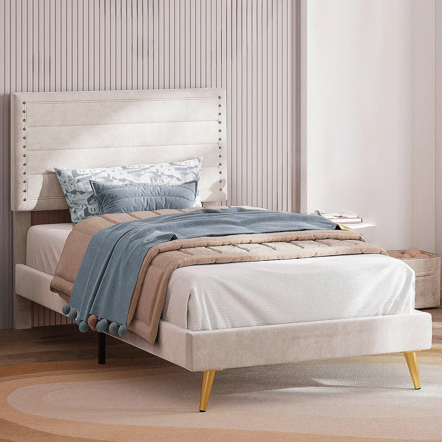 Stylish Twin Size Bed Frame with Upholstered Headboard and Wooden Slats Support BeigeTwin Size Bed Frame with Upholstered Headboard and Wooden Slats Support Beige Powerful
