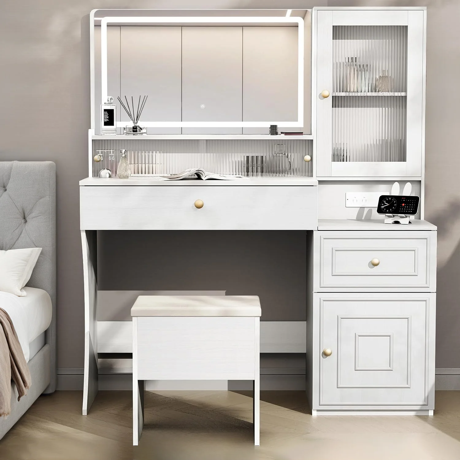 Detailed Vanity Table Set with LED Mirror Drawers Power Outlet Storage Cabinet Storage StoolVanity Table Set with LED Mirror Drawers Power Outlet Storage Cabinet Storage Stool Unique