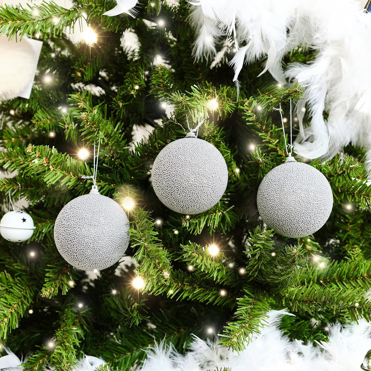 Luxury Set of 3 Silver Grey Beaded Baubles – 8cm Traditional
