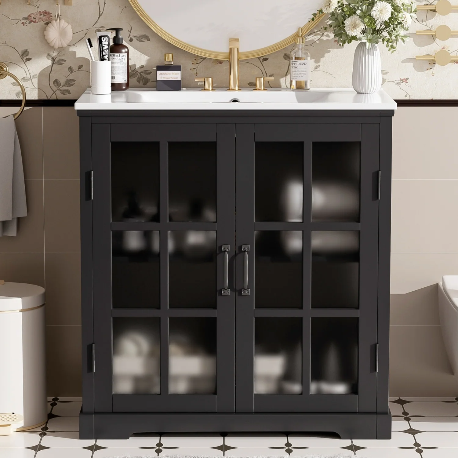 Convenient Black Bathroom Vanity with Ceramic Sink Bathroom Vanity Cabinet with Tempered Blurred Glass Matte Black Handles Large Storage Space Rubber Wood FrameBlack Bathroom Vanity with Ceramic Sink Bathroom Vanity Cabinet with Tempered Blurred Glass Matte Black Handles Large Storage Space Rubber Wood Frame Artisan