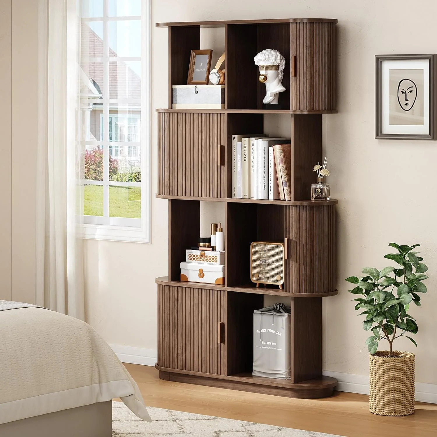 Prestigious 4-Tier standing Bookshelf Mid-Century Storage Organizer Display Bookcase with Sliding Door4-Tier standing Bookshelf Mid-Century Storage Organizer Display Bookcase with Sliding Door First-Class