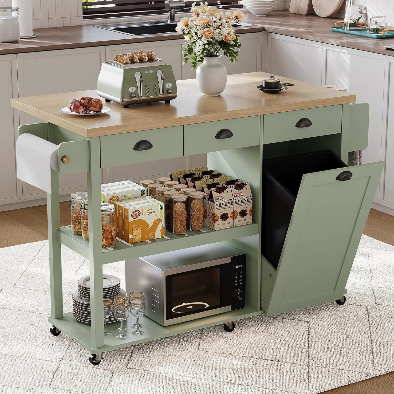 Natural 56 Kitchen Island Rolling Kitchen Cart with Drop Leaf Power Outlet and 3 Drawers56 Kitchen Island Rolling Kitchen Cart with Drop Leaf Power Outlet and 3 Drawers Original