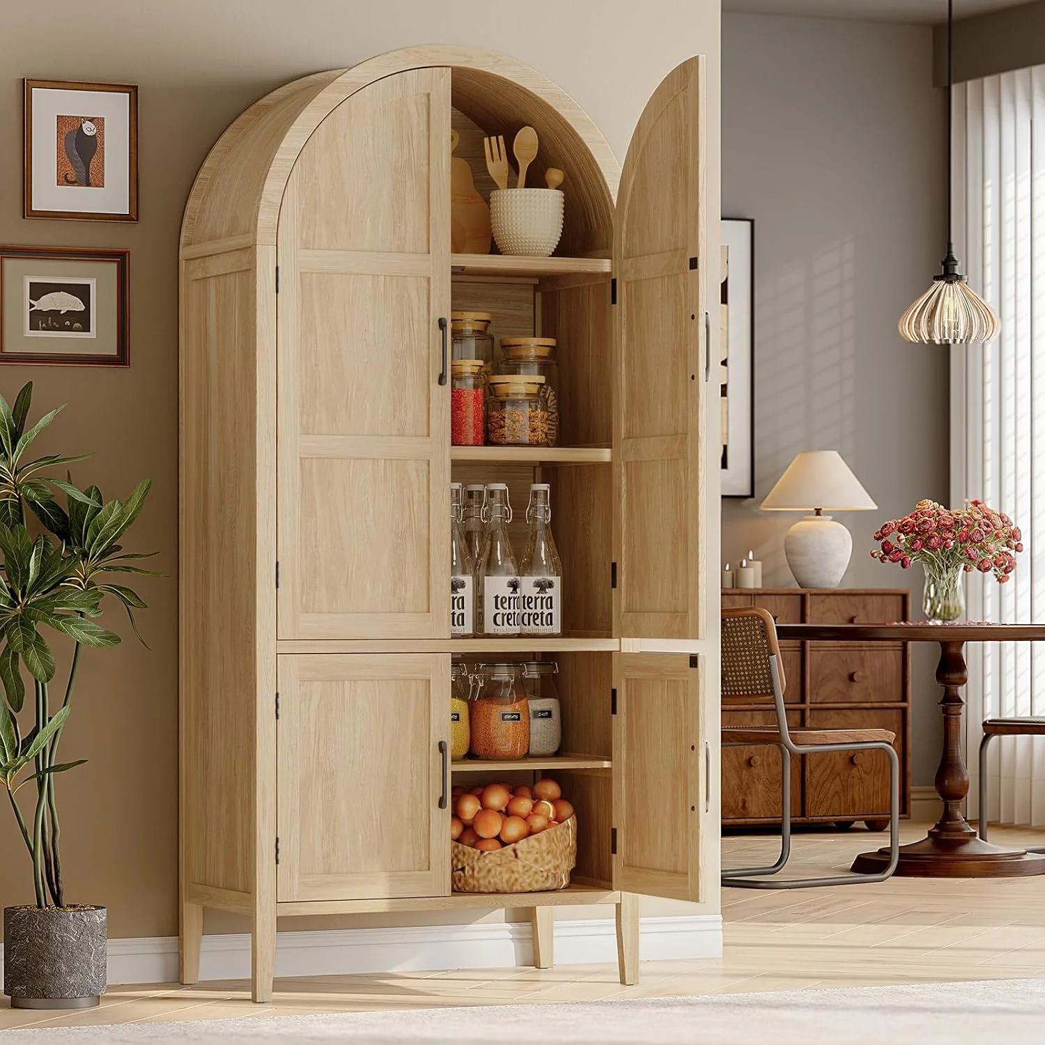Solid 71 Wooden Arched Kitchen Pantry Cabinet with Doors Shelves and Adjustable Feet71 Wooden Arched Kitchen Pantry Cabinet with Doors Shelves and Adjustable Feet Fine