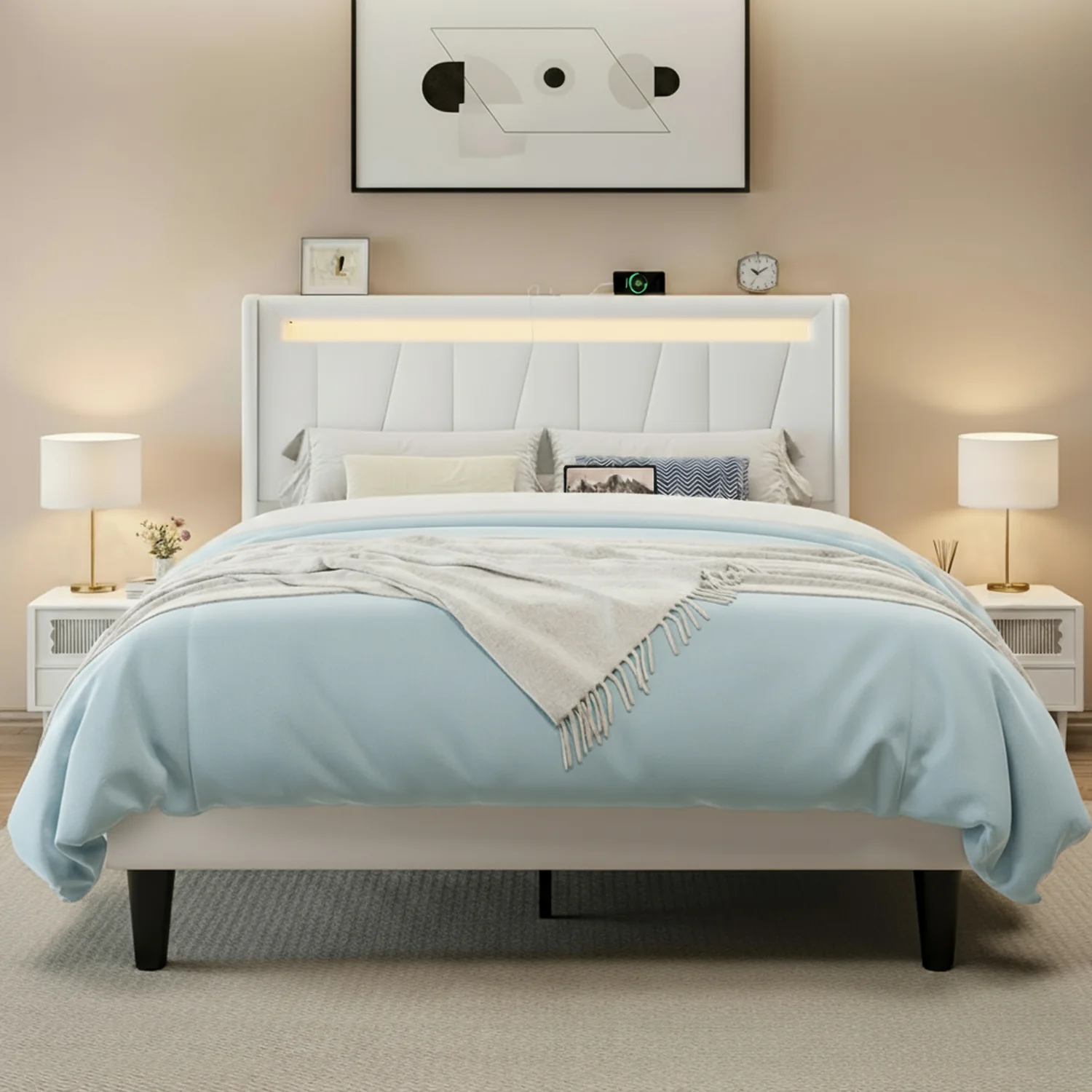 World-Class Velvet Upholstered Platform Bed Frame with Charging Station Wingback LED Headboard No Box Spring NeededVelvet Upholstered Platform Bed Frame with Charging Station Wingback LED Headboard No Box Spring Needed Green