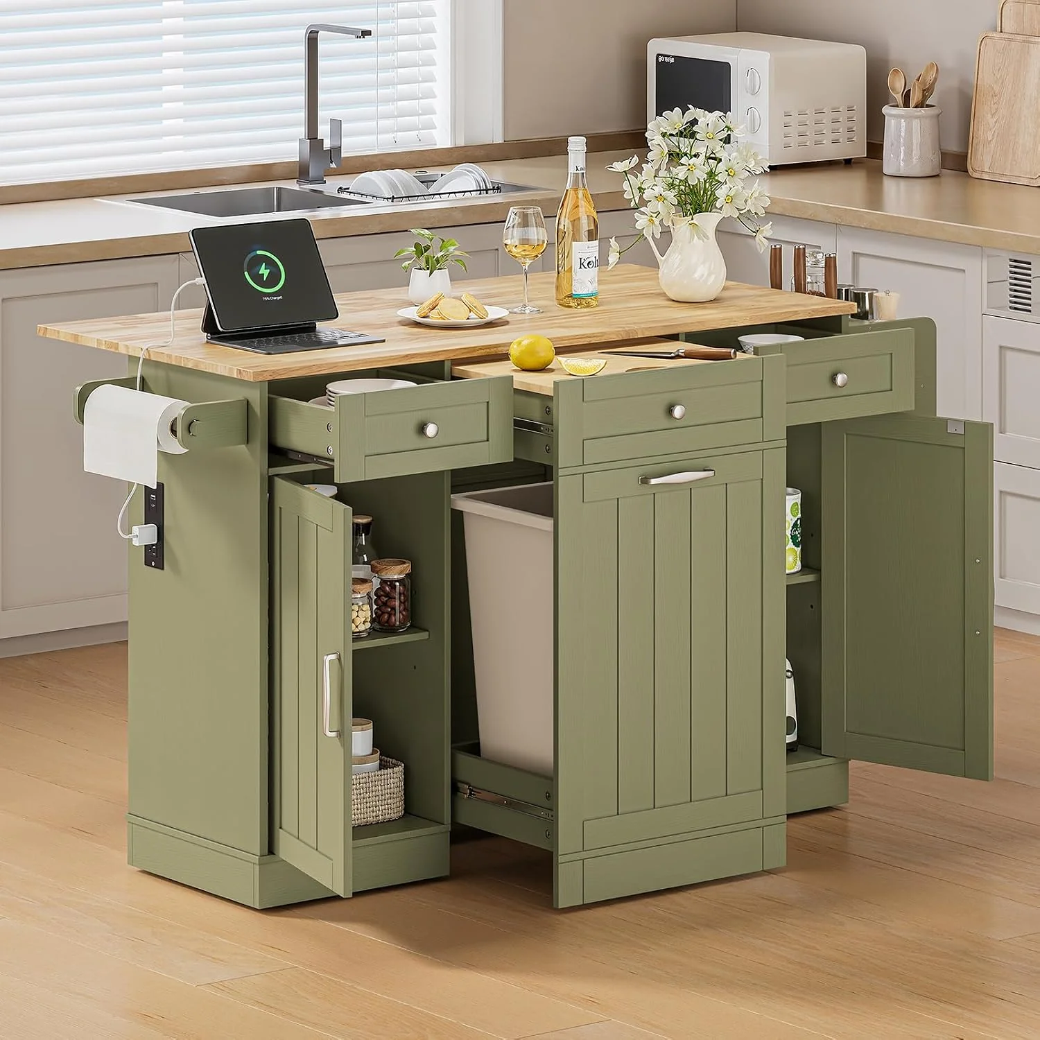 Casual 61-Inch Kitchen Islands Rolling Island Cart with Cutting Board Trash Storage Cabinet Drop Leaf Power Outlet61-Inch Kitchen Islands Rolling Island Cart with Cutting Board Trash Storage Cabinet Drop Leaf Power Outlet Enhanced