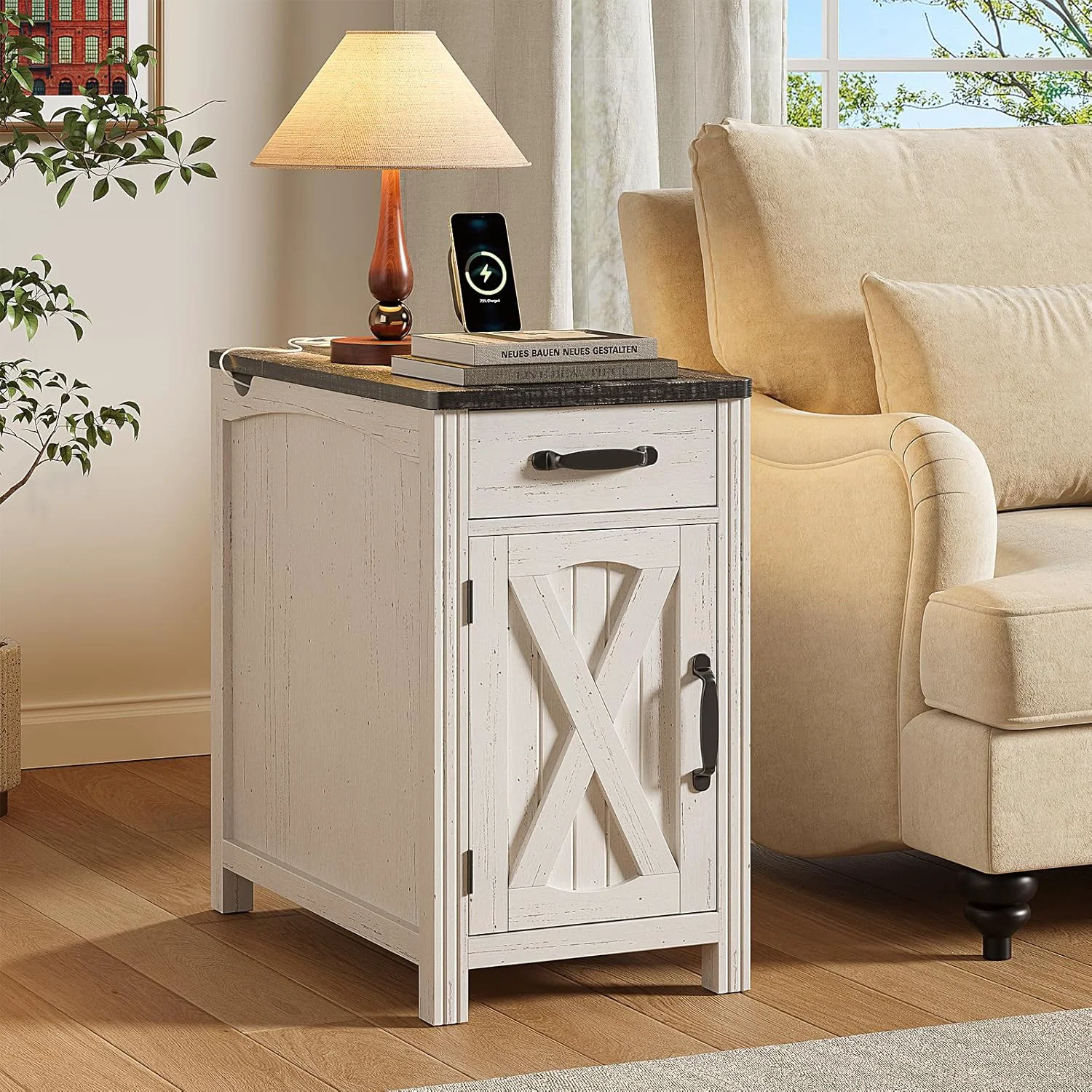 Lightweight Farmhouse End Table Narrow Side Table with Hidden Charging Station and Detachable Cup HolderFarmhouse End Table Narrow Side Table with Hidden Charging Station and Detachable Cup Holder Fast