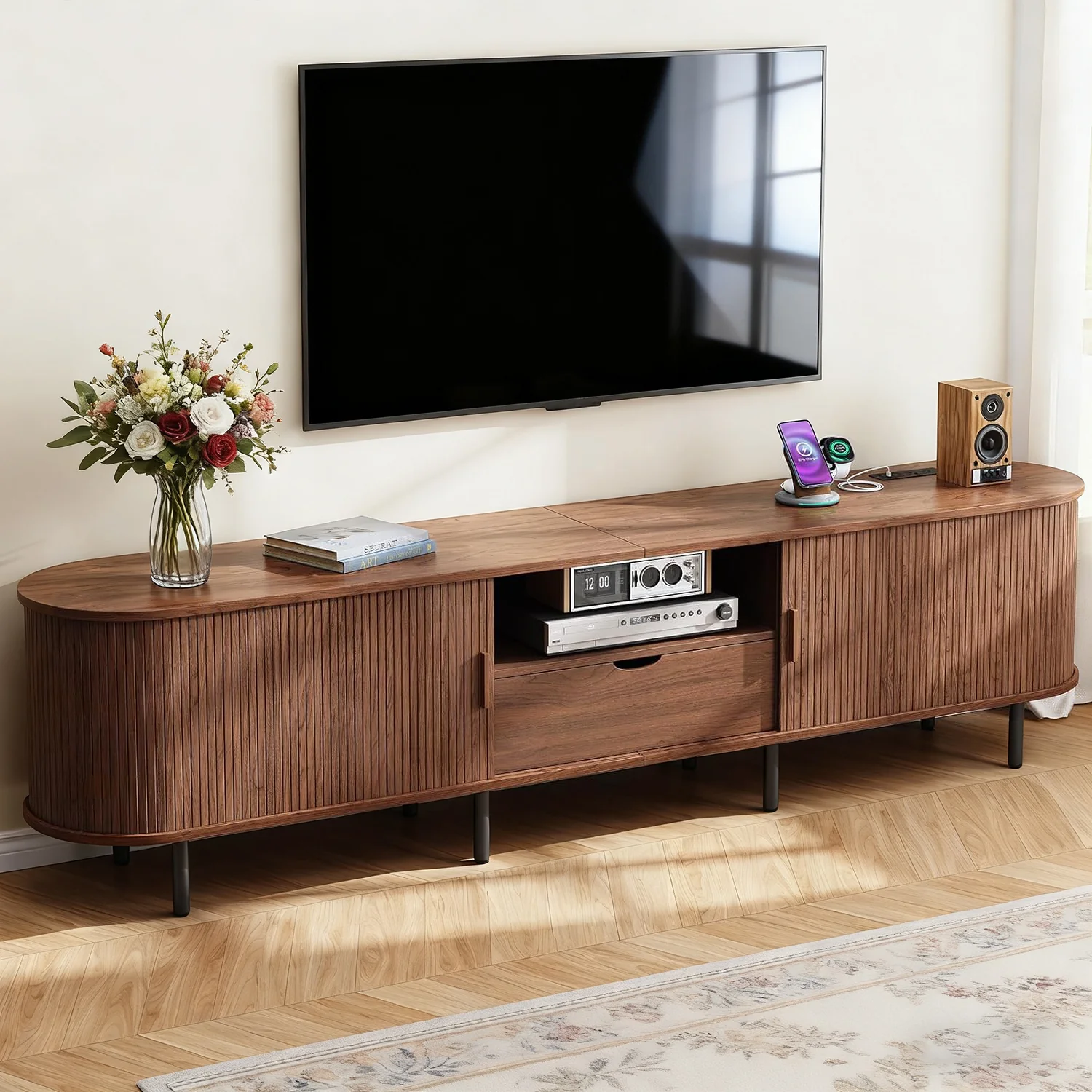 Next-Generation 86 Inch TV Stand for T up to 90 Inch Entertainment Center with Charging Station Sliding Doors Drawer Adjustable Shelves86 Inch TV Stand for T up to 90 Inch Entertainment Center with Charging Station Sliding Doors Drawer Adjustable Shelves Verified