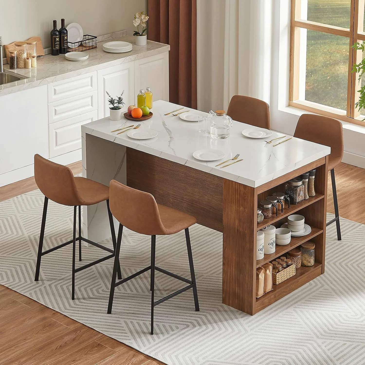Exclusive Kitchen Island Table with Faux Marble Top Counter Height Dining Table with Storage LED Lights Power OutletKitchen Island Table with Faux Marble Top Counter Height Dining Table with Storage LED Lights Power Outlet Prestigious