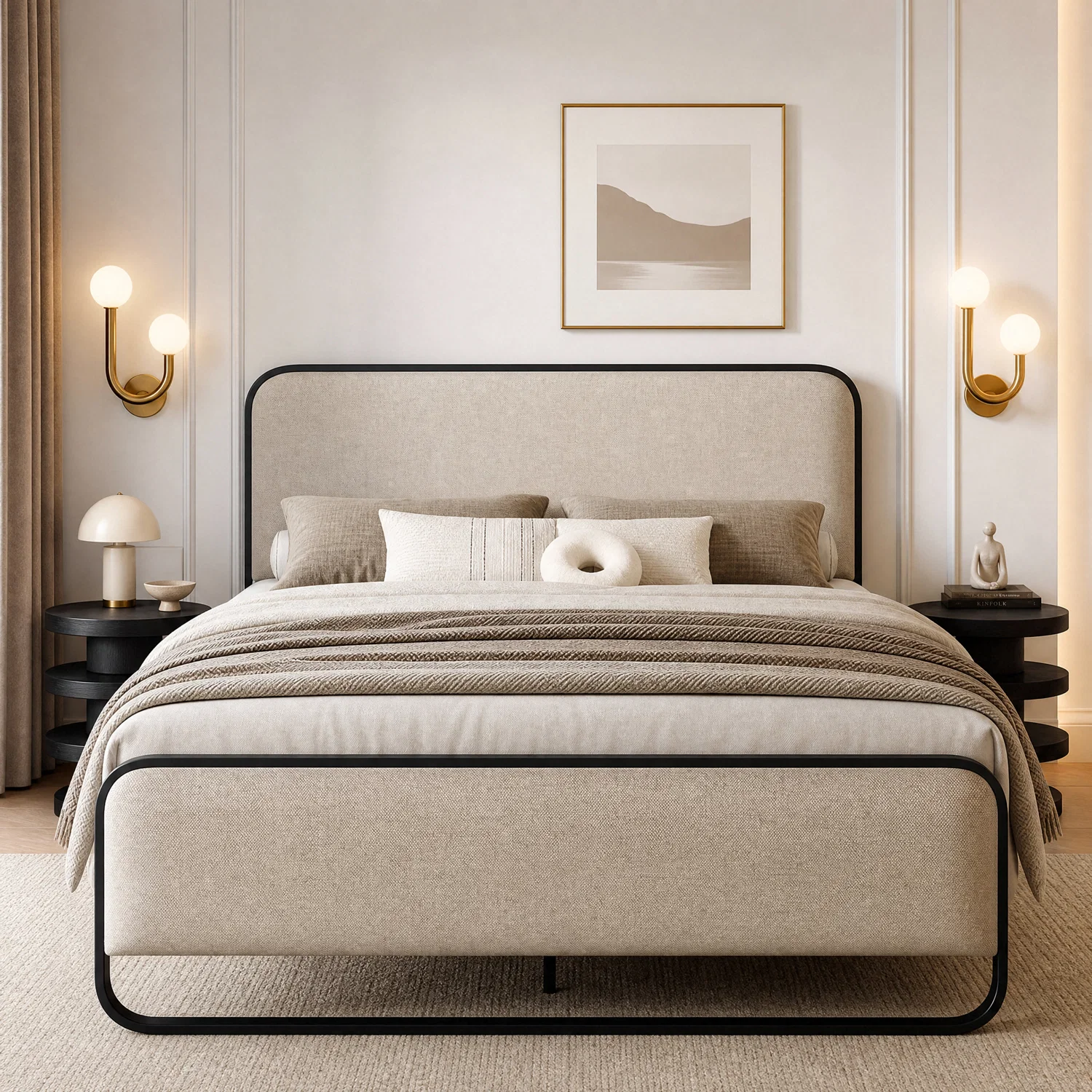 Fashionable Metal Bed Frame with Curved Upholstered Headboard Footboard Beige Platform Bed Frame with Under-Bed StorageMetal Bed Frame with Curved Upholstered Headboard Footboard Beige Platform Bed Frame with Under-Bed Storage Original Design