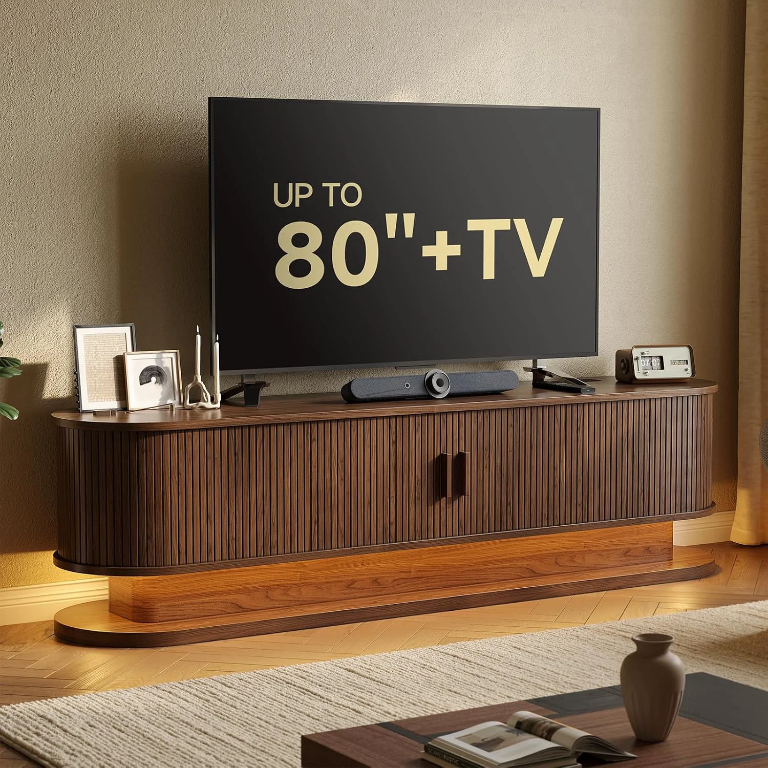 Smooth 70 Fluted TV Stand for 80 Inch TV Entertainment Center with Power Outlet LED Lights70 Fluted TV Stand for 80 Inch TV Entertainment Center with Power Outlet LED Lights Trusted