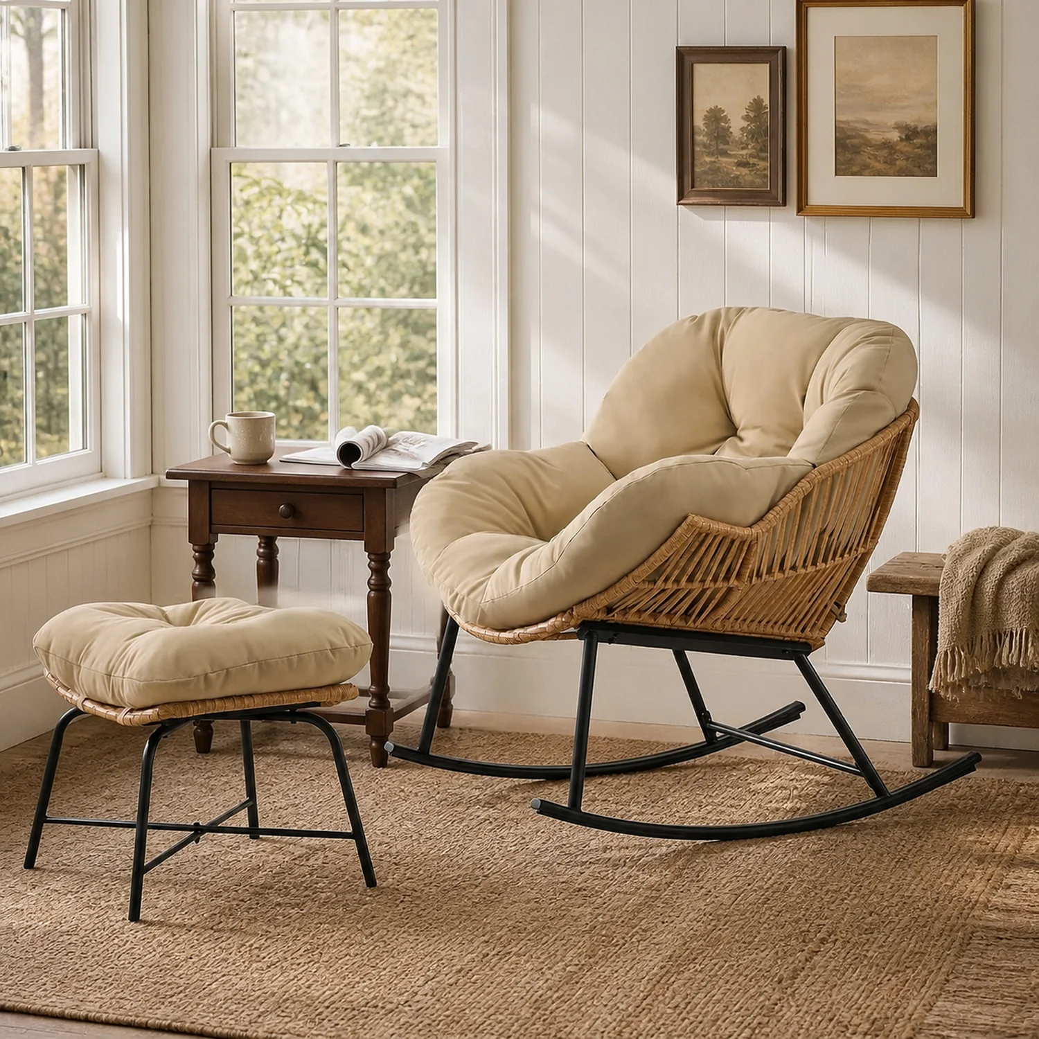 Superior Papasan Rocking Chair with Ottoman Oversized Indoor Outdoor Rattan Rocker with Padded CushionPapasan Rocking Chair with Ottoman Oversized Indoor Outdoor Rattan Rocker with Padded Cushion Advanced