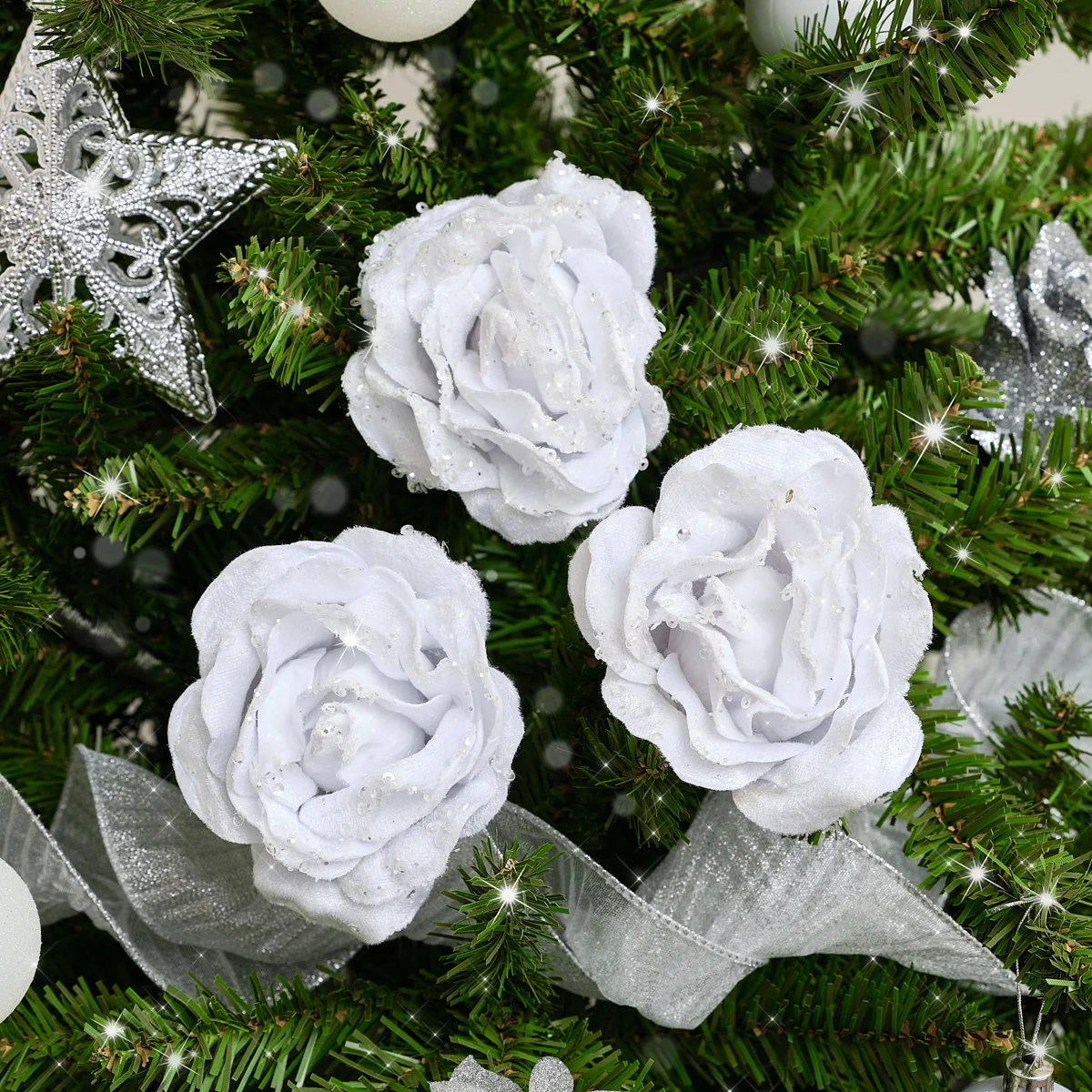 Artisan Set of 3 White Velvet Glitter Rose Clip Christmas Decoration – 10cm Premium