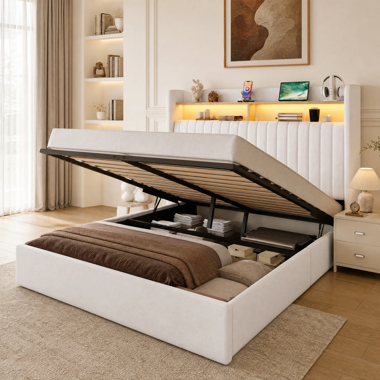 Reliable Lift Up Storage Bed Frame with Charging Station LED Lights Upholstered Wingback Bed with Hydraulic Storage and Shelf HeadboardLift Up Storage Bed Frame with Charging Station LED Lights Upholstered Wingback Bed with Hydraulic Storage and Shelf Headboard Elegant
