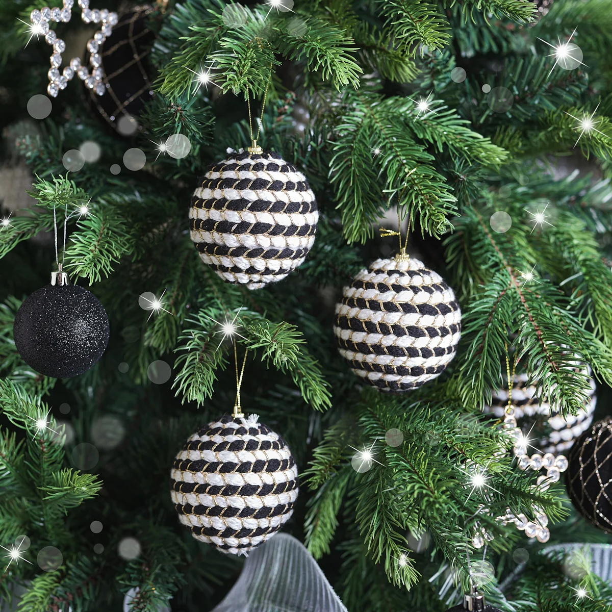 Smooth Set of 3 Round Black White Stripe Rope Christmas Tree Baubles – 8cm Comfortable