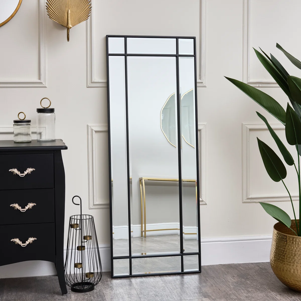 Relaxed Black Framed Art Deco Wall Leaner Mirror 142 cm x 54 cm Clean