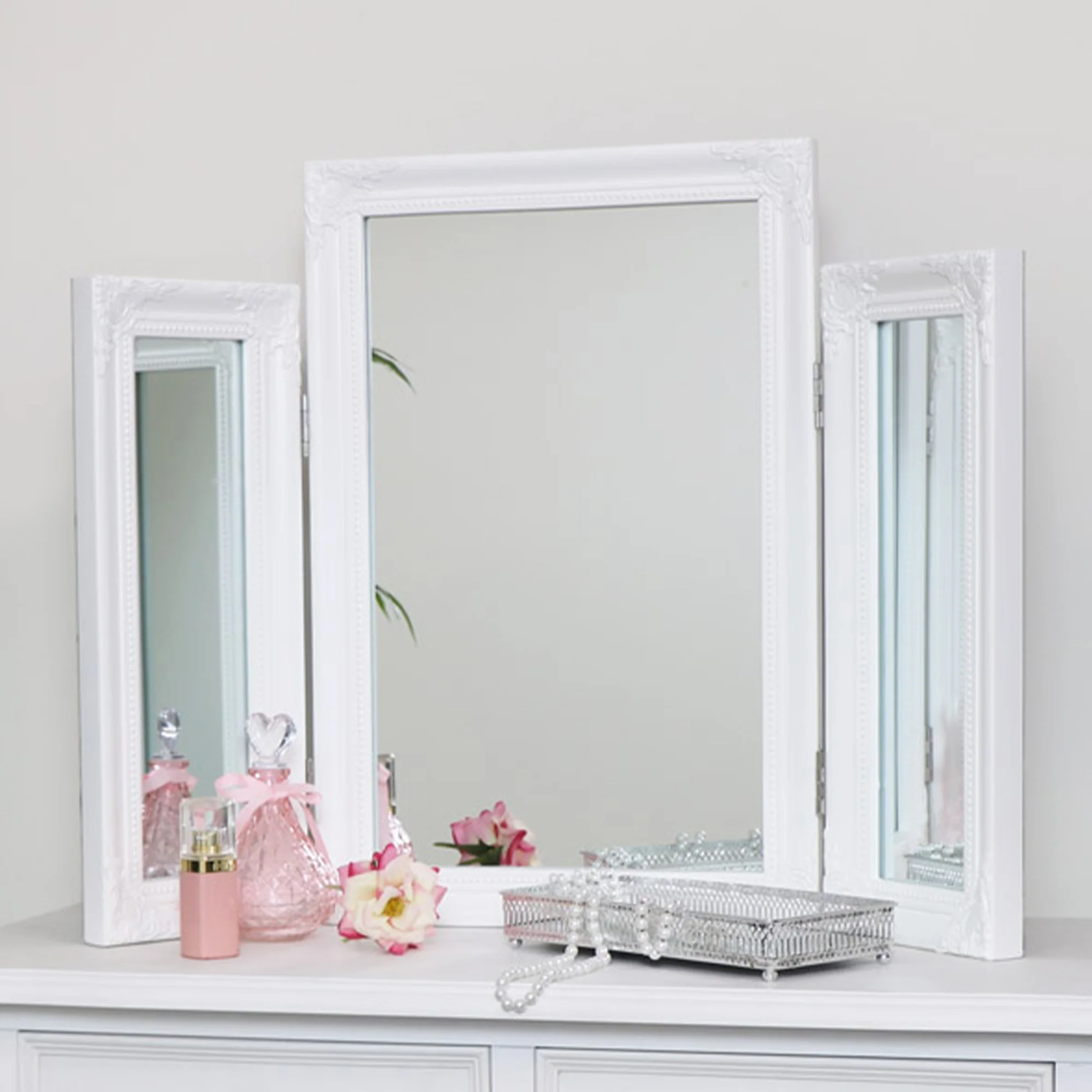 Proven Ornate White Vintage Triple Dressing Table Mirror – 55cm x 74cm Lightweight