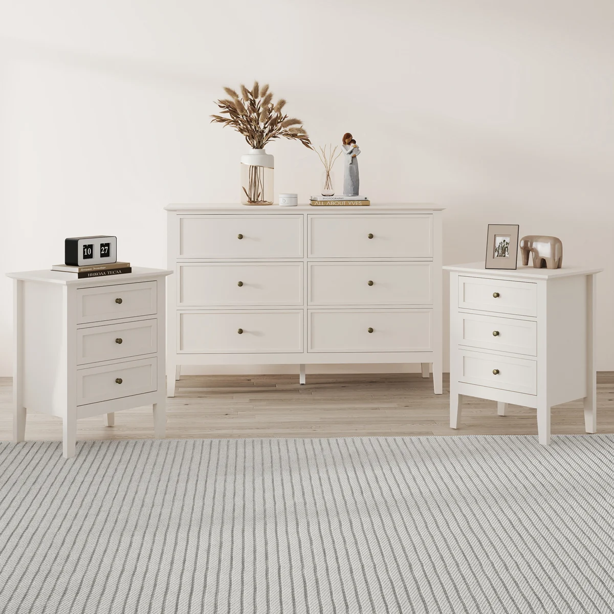 Optimized Large 6 Drawer Chest of Drawers and Pair of 3 Drawer Bedside Tables – Rowley Pale Cream Range Quality