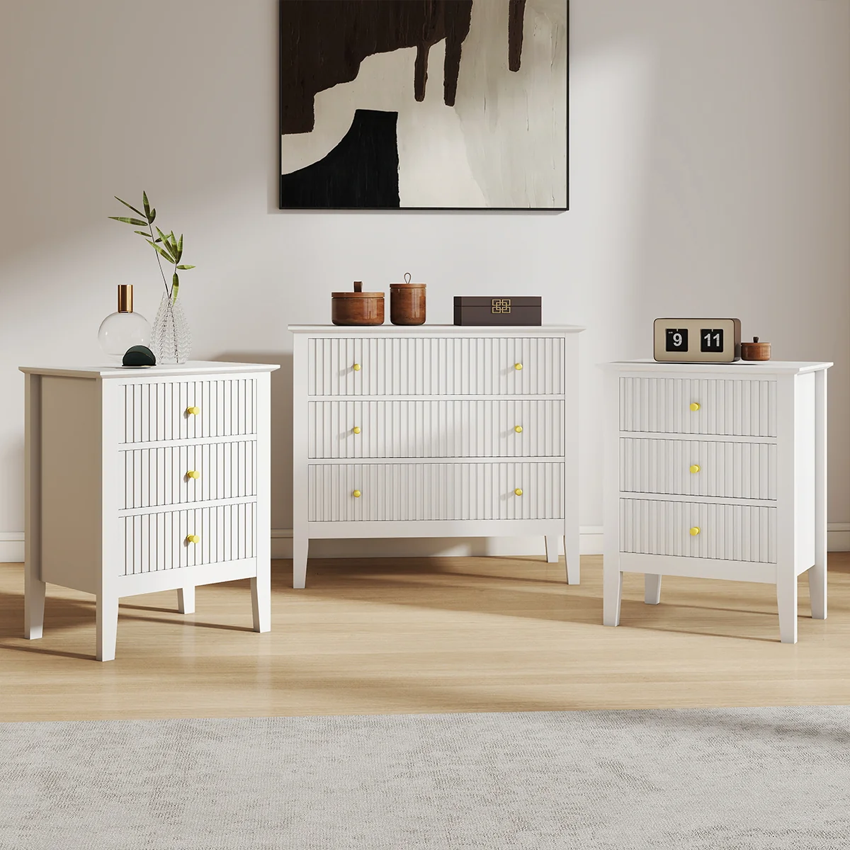 Outstanding 3 Drawer Chest of Drawers and Pair of Bedside Tables – Hales White Range Easy-to-Use