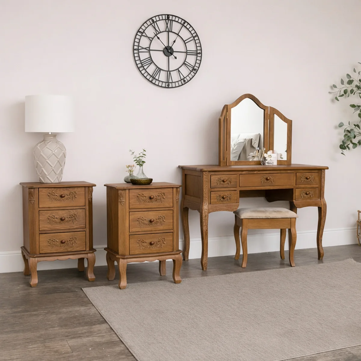Sophisticated Wooden Dressing Table Desk with Triple Mirror and Stool Pair of 3 Drawers Bedside Tables – Pays Du Bois Range Flexible