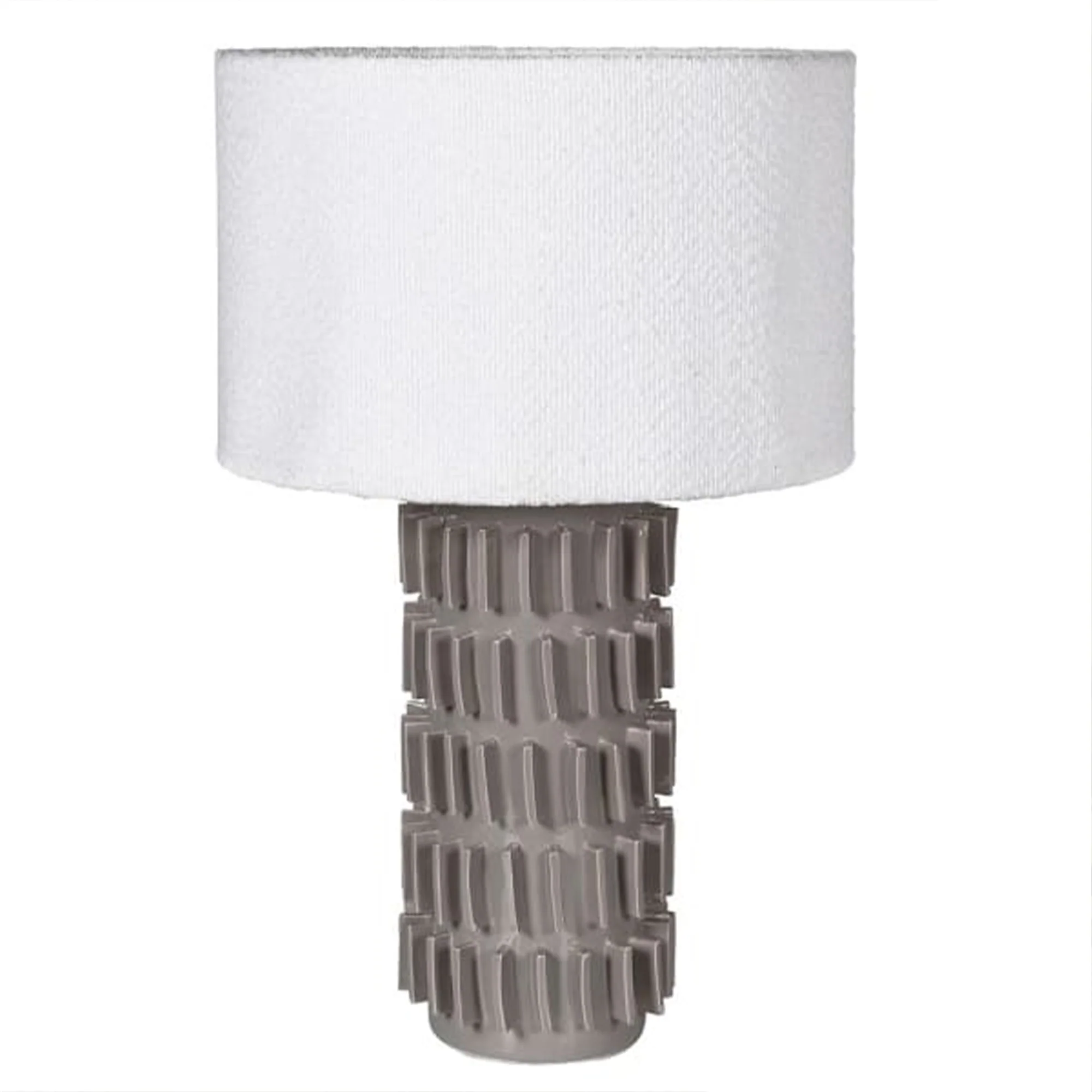 Prestigious Large Grey Ceramic Boucle Table Lamp with White Linen Shade Unique