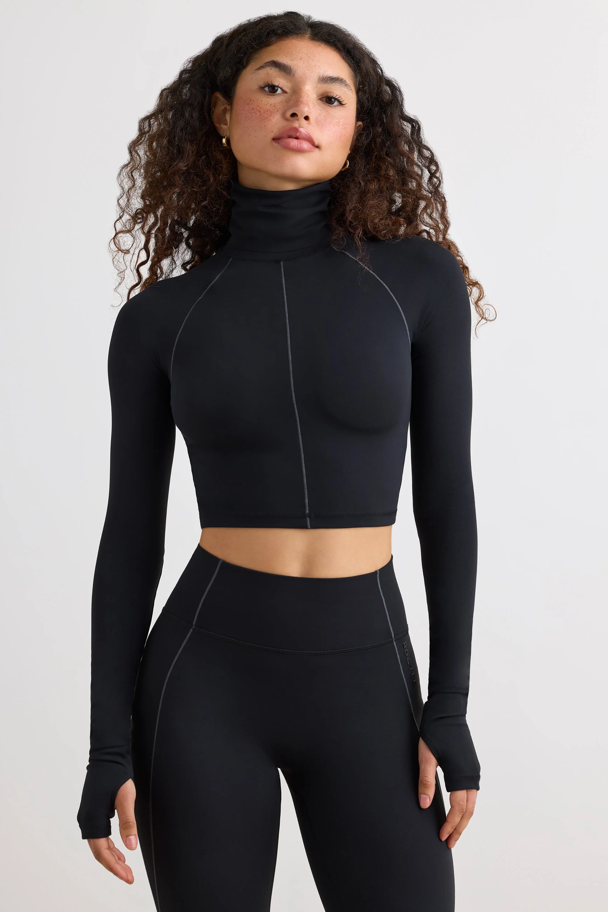 Detailed Soft Active Turtleneck Crop Top in Black Environmentally Friendly