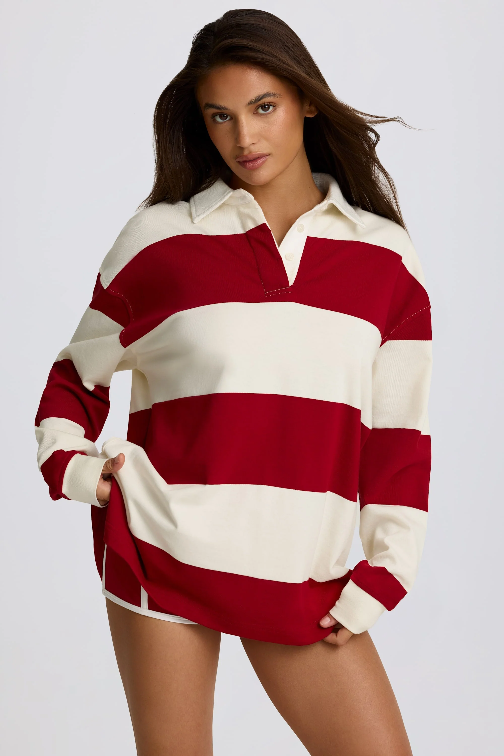 Eco-Friendly Striped Oversized Long-Sleeve T-Shirt in Dark Red Comfortable
