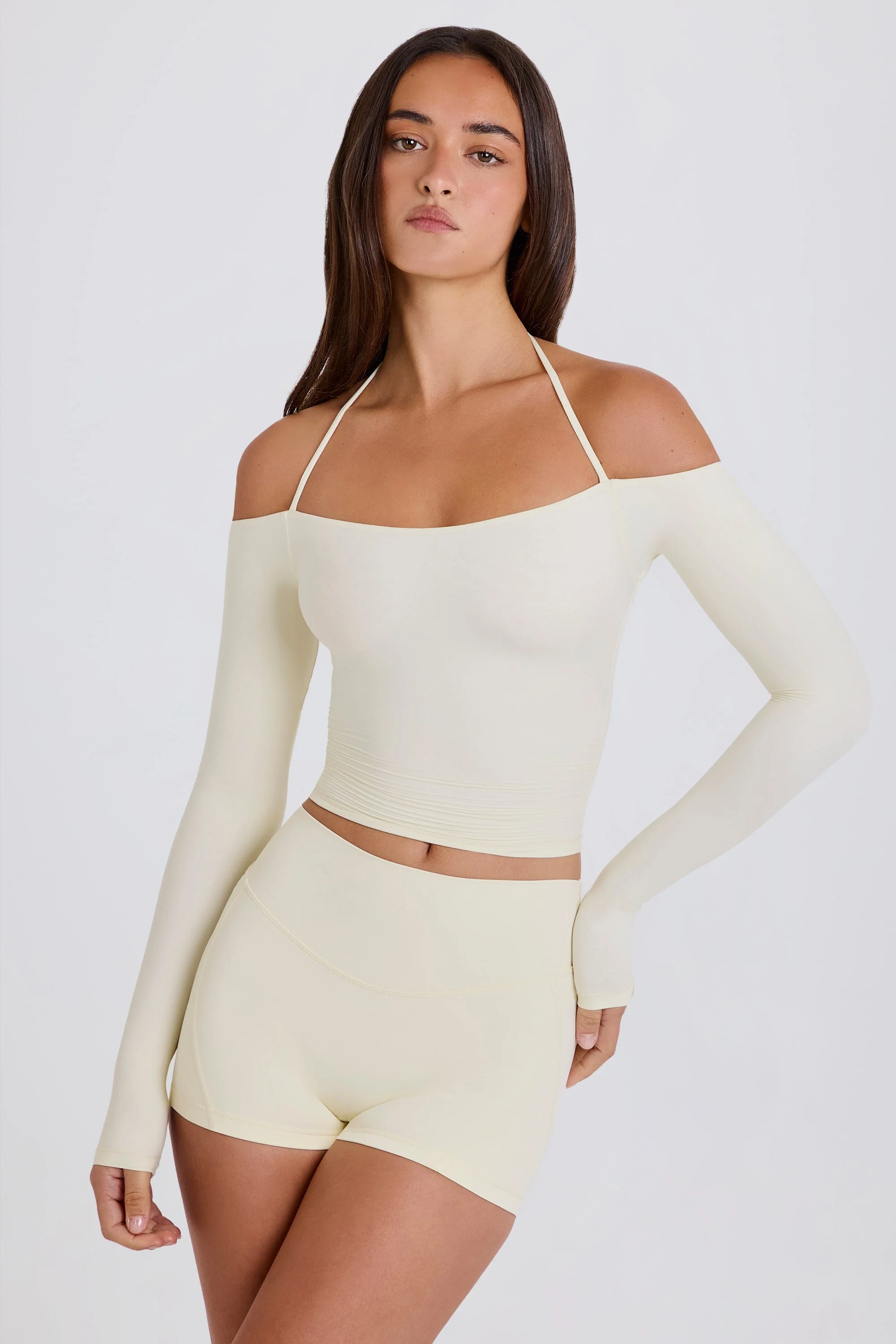 High-Quality Soft Jersey Off-Shoulder Halterneck Longline Top in Cream Breathable