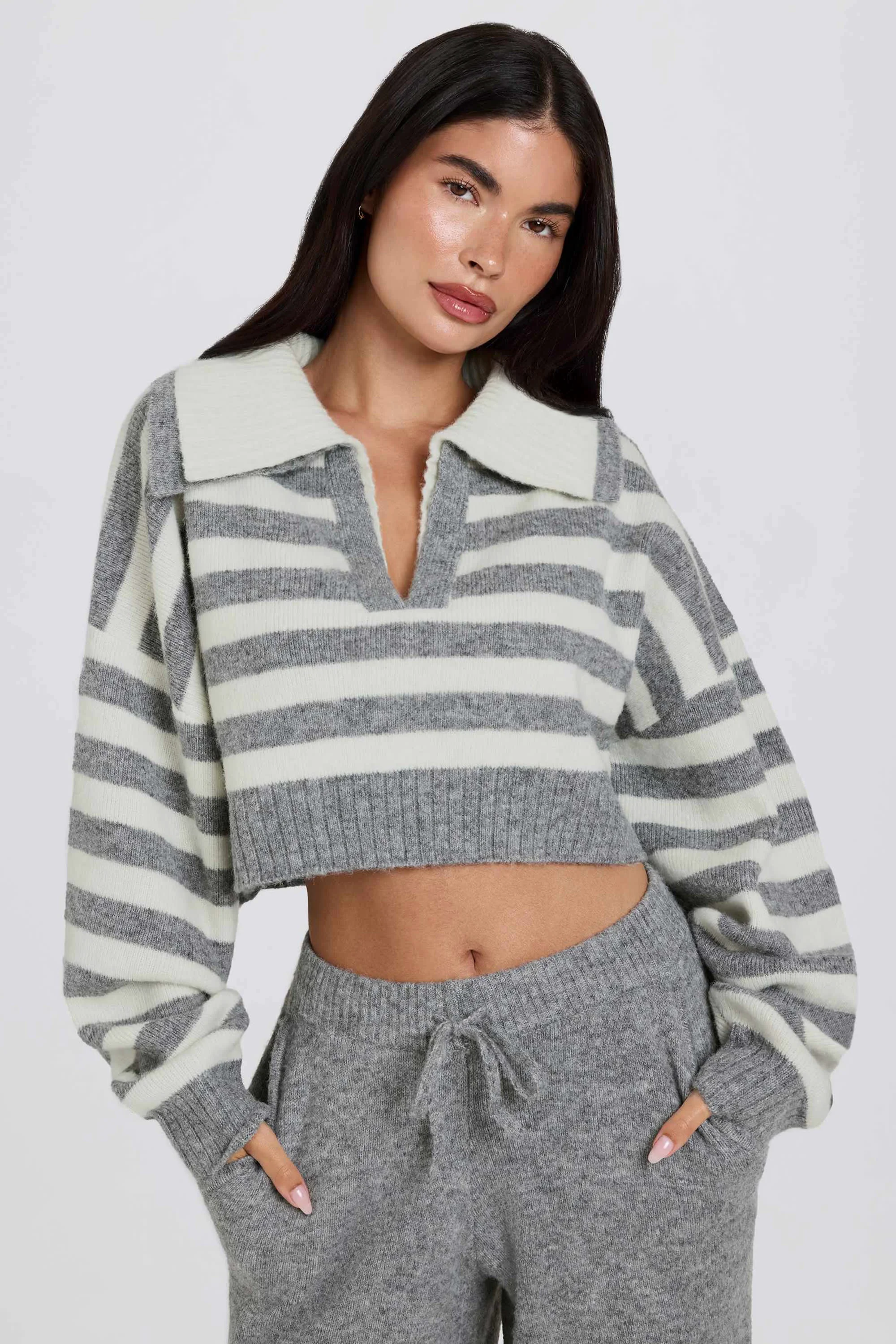 Exclusive Soft Knit Layered Collar Cropped Jumper in Grey Stripe Organic
