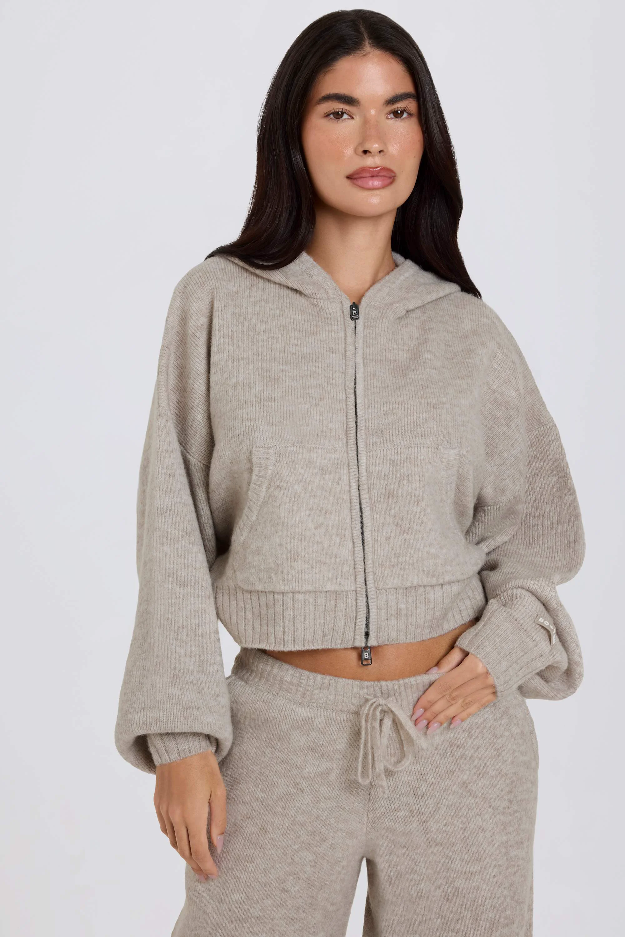 Recyclable Soft Knit Zip-Up Cropped Hoodie in Beige Easy-to-Use