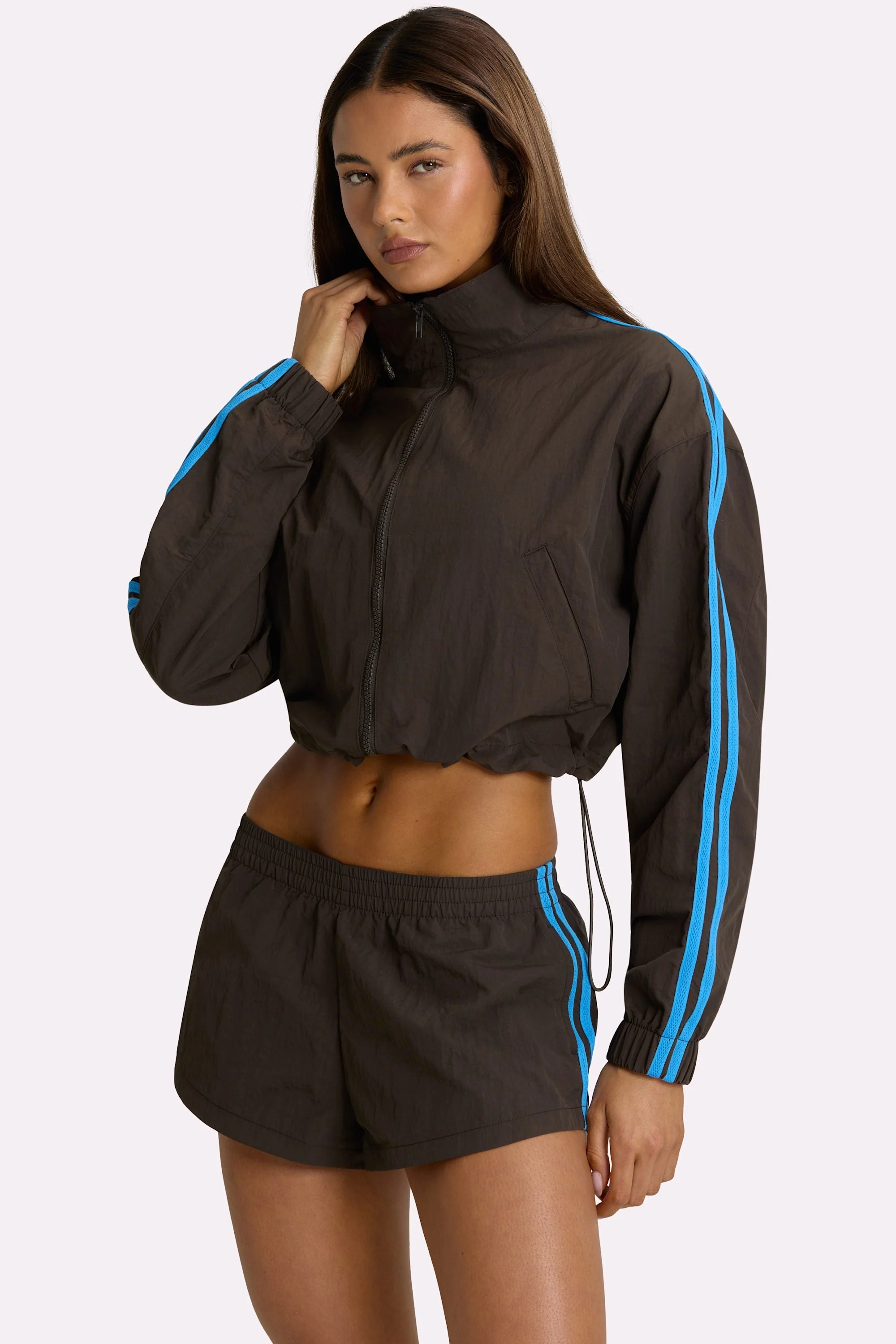 Smooth Woven Zip-Up Track Jacket in Truffle High-End