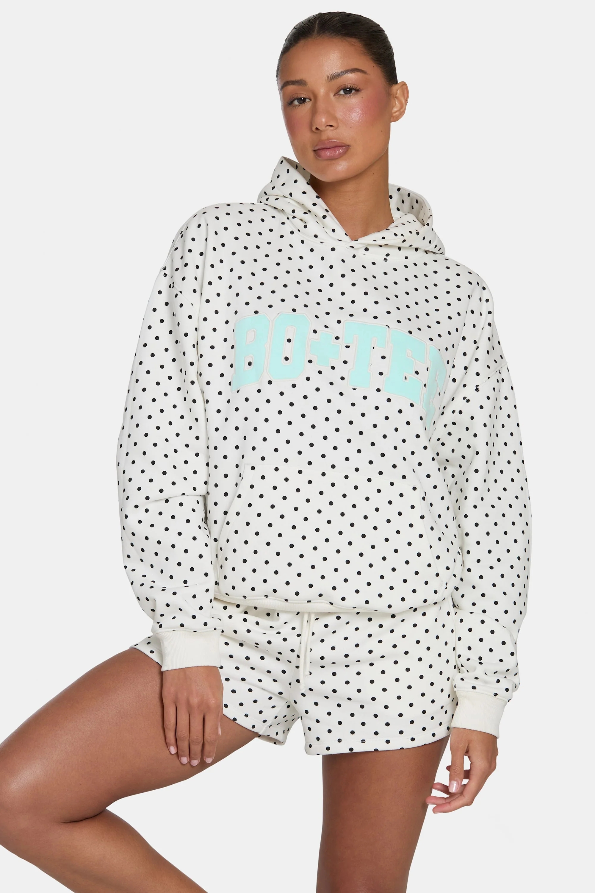 Casual Oversized Applique Hoodie in Monochrome Polka Dot First-Class
