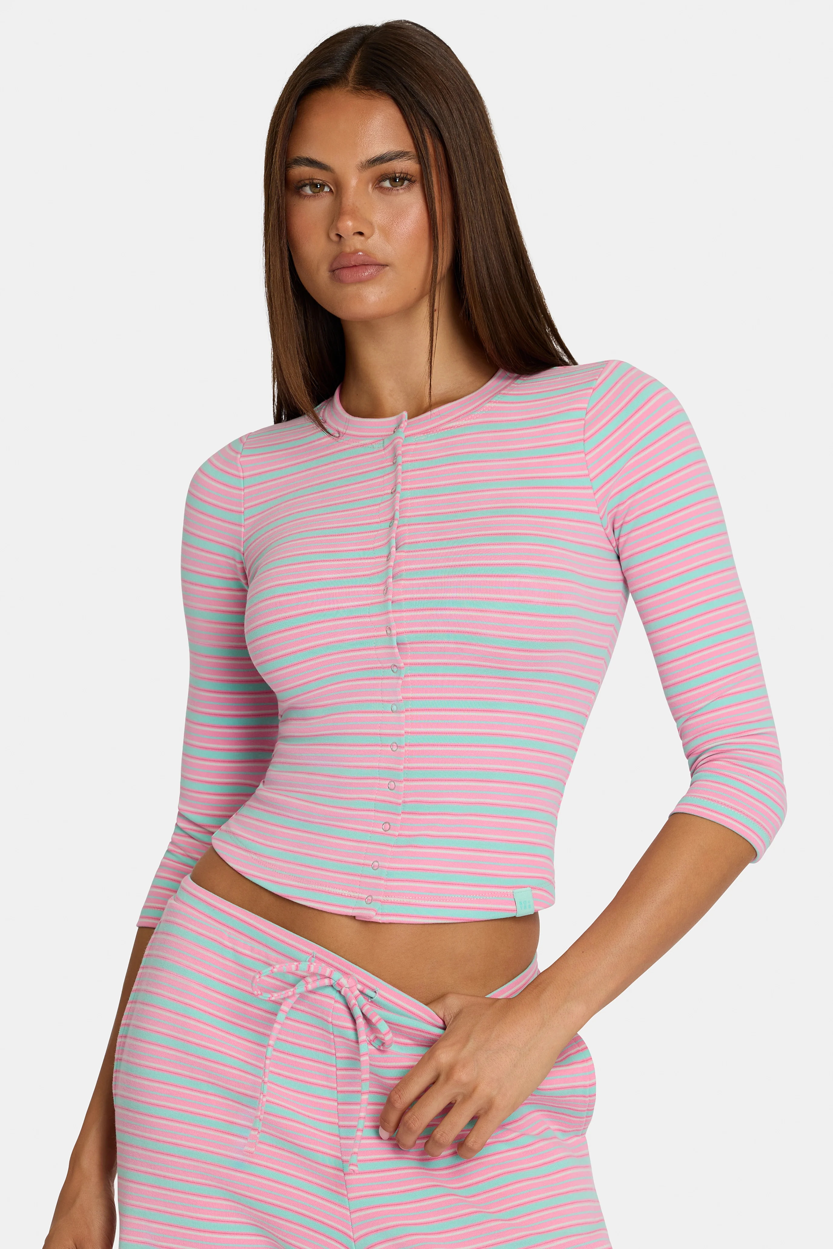 Dependable Brushed Jersey Crewneck Cardigan in Multi Stripe Clean