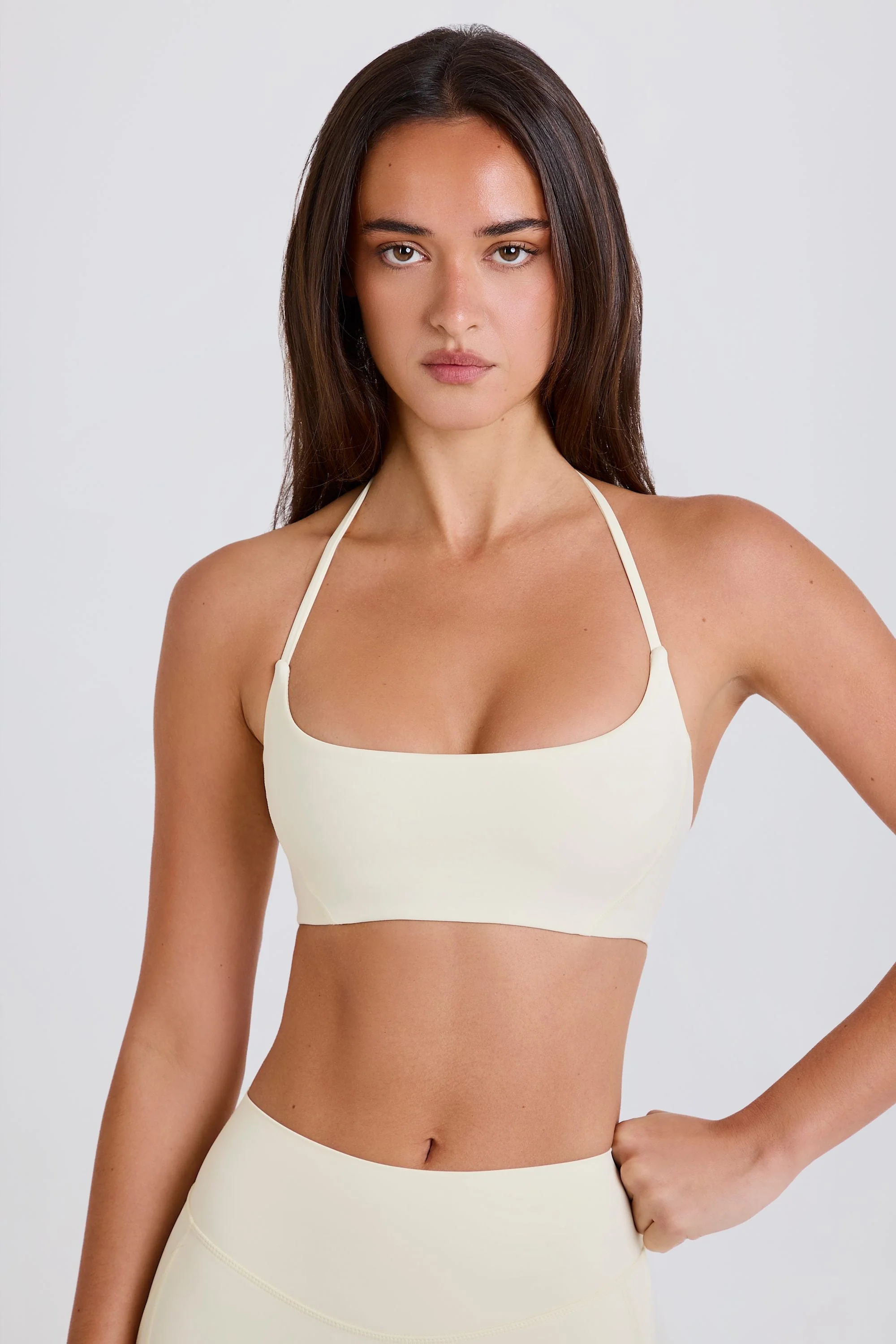 Expertly Made Scoop-Neck Halterneck Sports Bra in Cream Practical