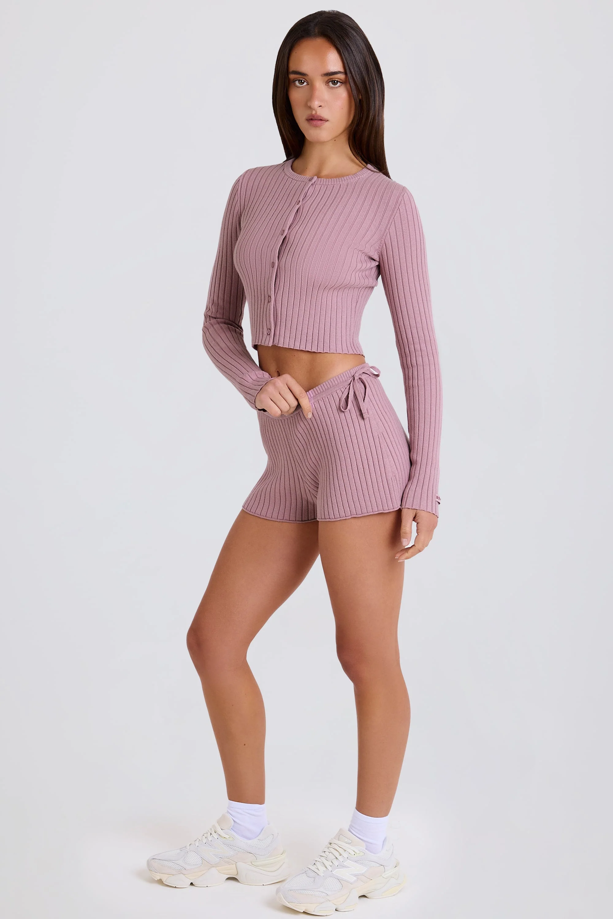 Quality Ribbed Knit Tie Mini Shorts in Mauve Proven