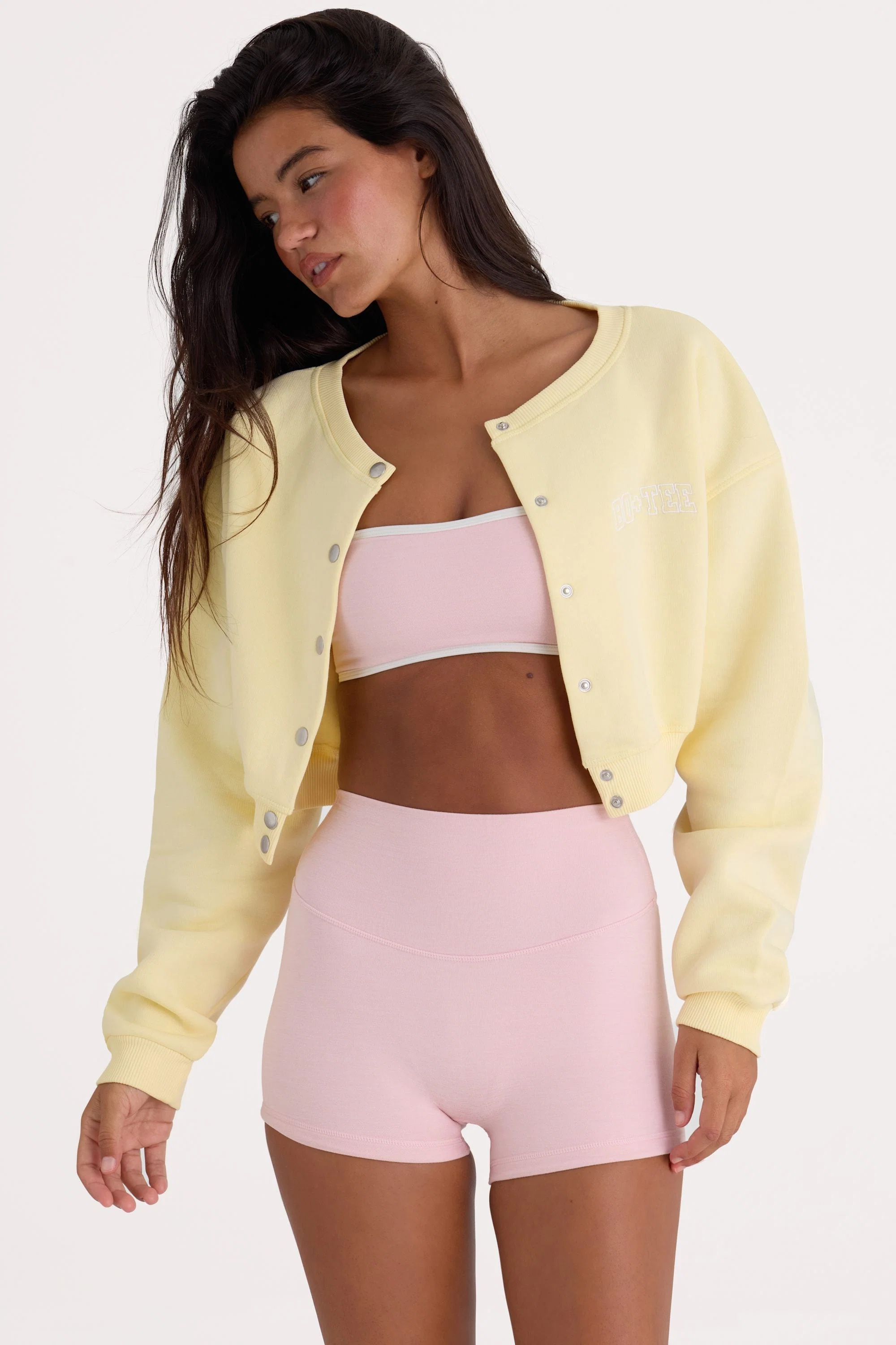 Functional Brushed Jersey Button-Up Cropped Cardigan in Lemon Unique