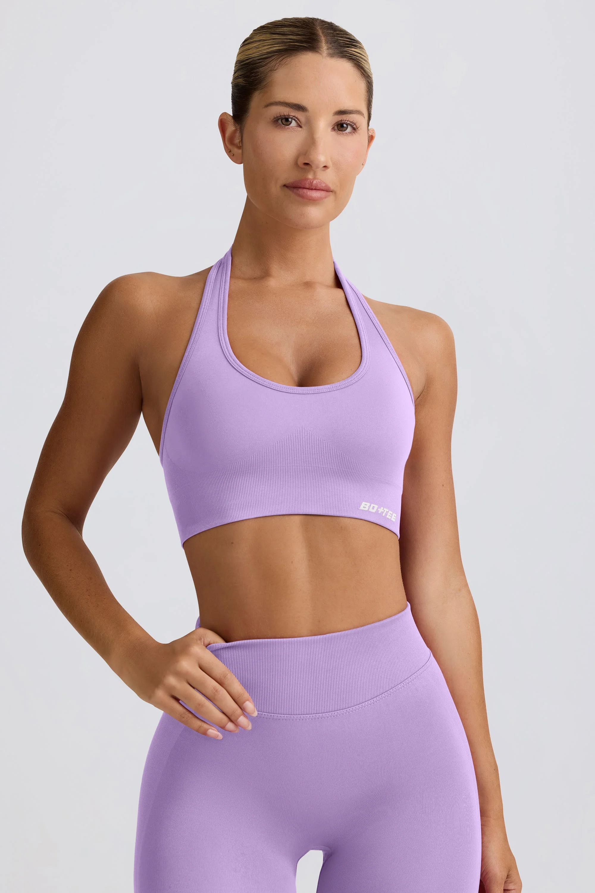 High-Grade Define Luxe Halterneck Sports Bra in Lilac Minimalist