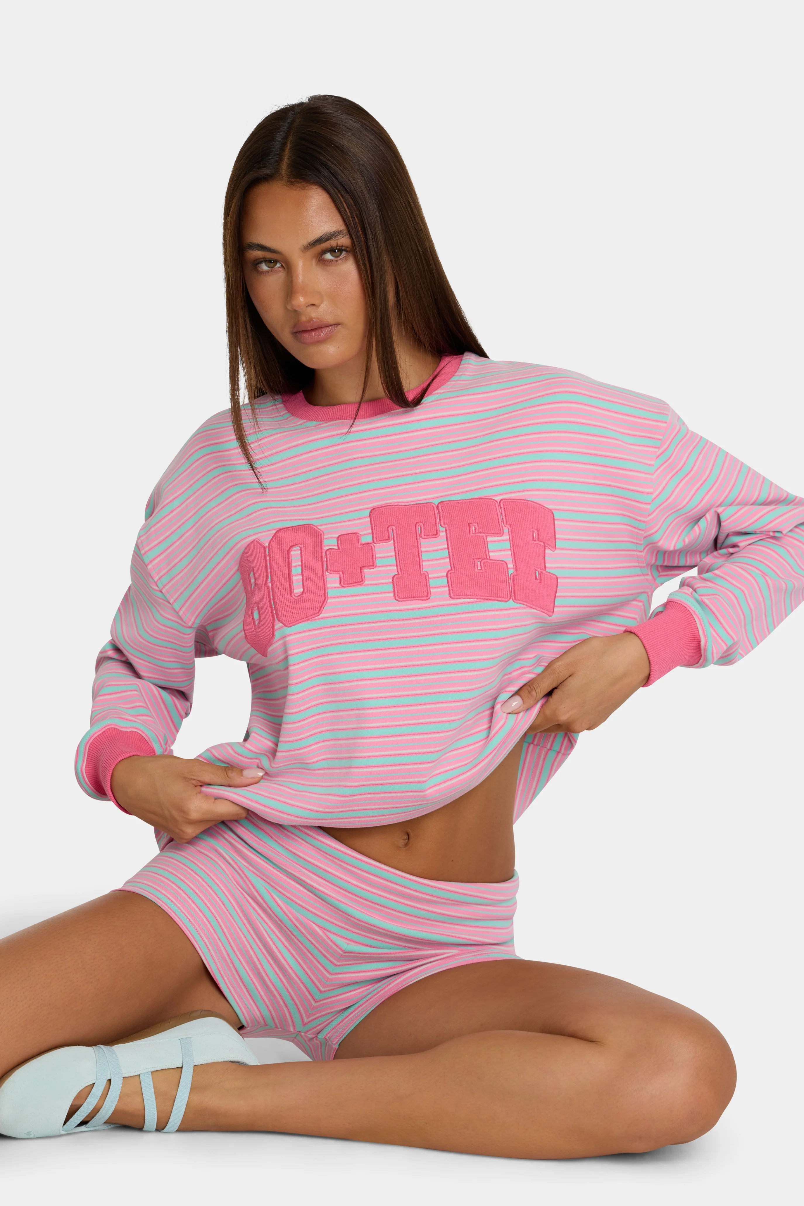 Premium Brushed Jersey Crewneck Sweatshirt in Multi Stripe High-Performance
