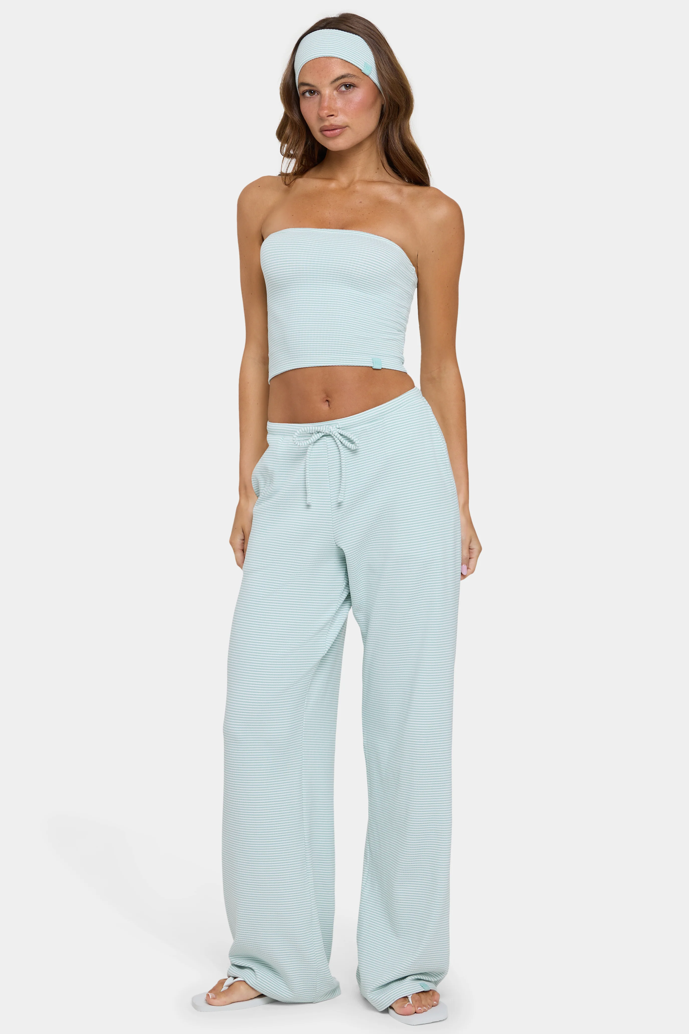 Luxury Ribbed Jersey Low-Rise Trousers in Mint Stripe Stylish