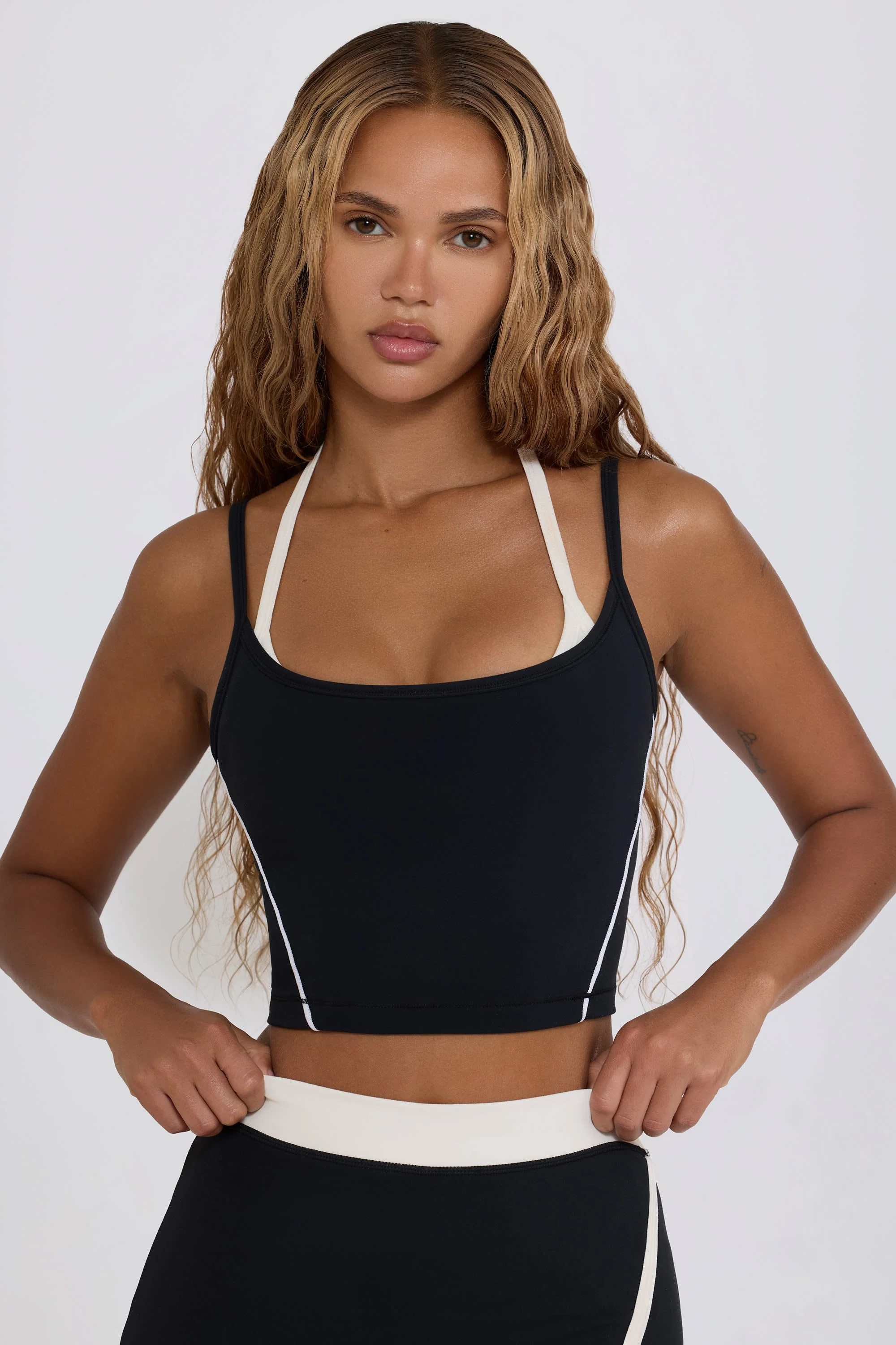 Authentic Soft Active Layered Cropped Tank Top in Black Enhanced