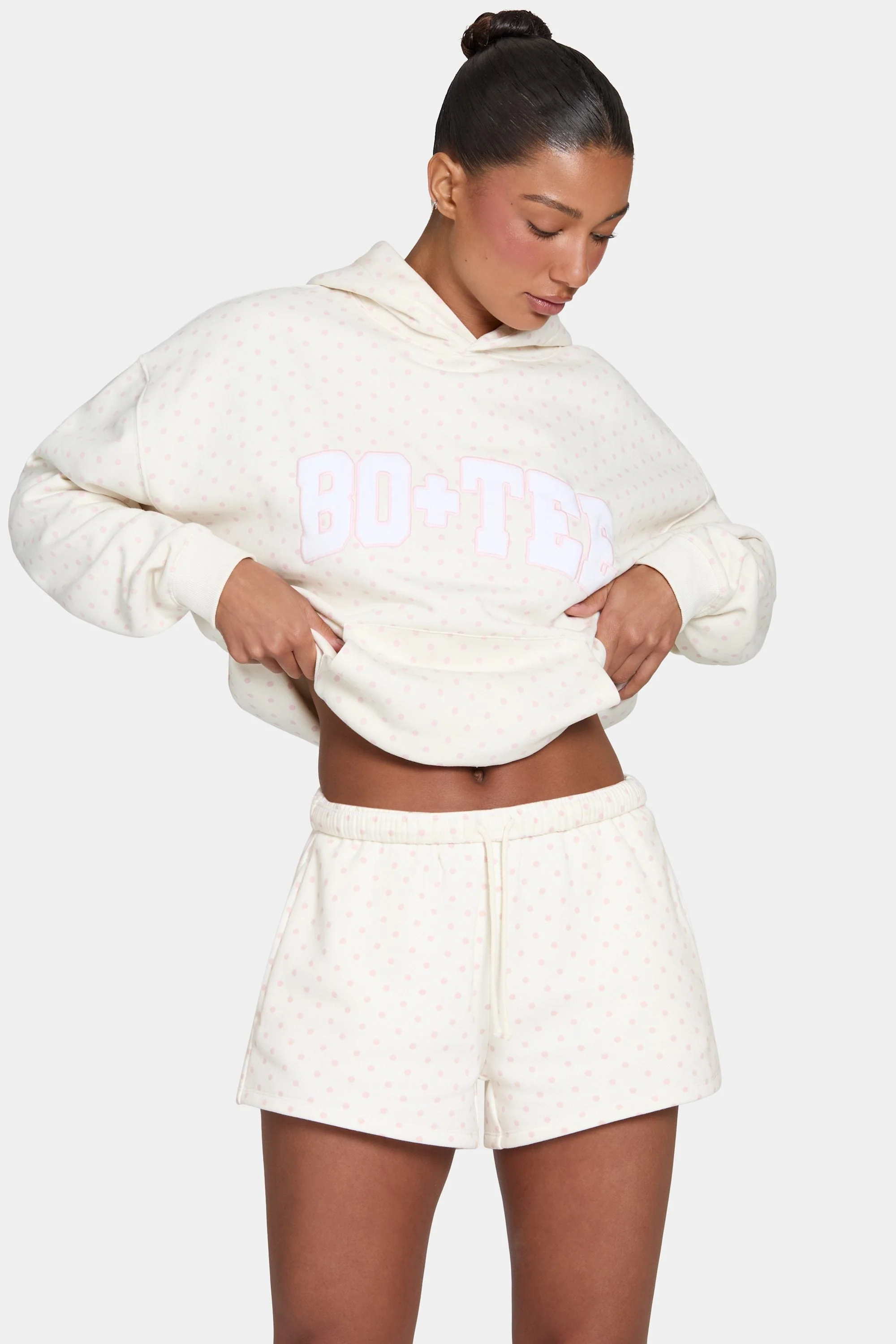 Quality Oversized Applique Hoodie in Blush Polka Dot World-Class