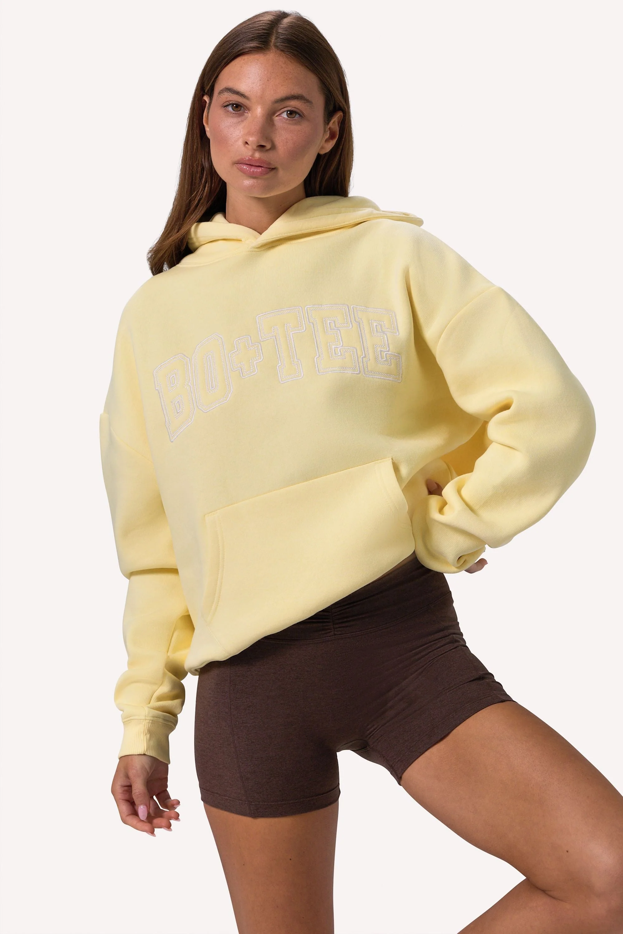Effective Embroidered Oversized Hoodie in Soft Yellow Lightweight